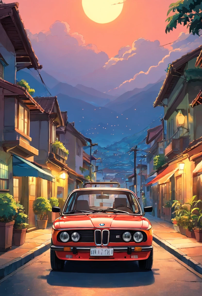 ((design de adesivos)), Classic BMW Car, Sunset background, Palmeiras, 5 cores de camadas, rua da esquina, Tambor Beleq, Presean, carro na cor preta