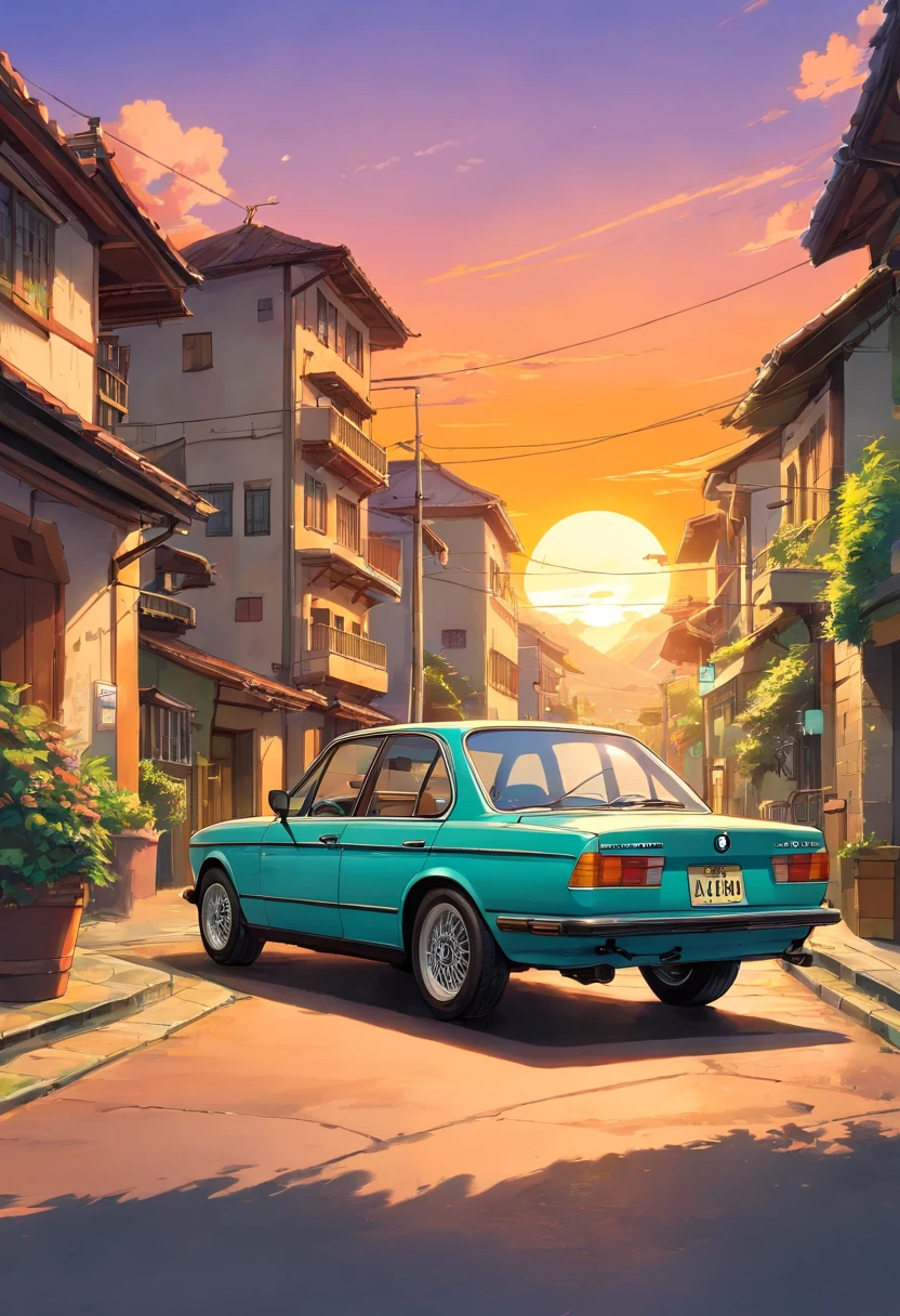 ((design de adesivos)), Classic BMW Car, Sunset background, Palmeiras, 5 cores de camadas, rua da esquina, Tambor Beleq, Presean, carro na cor preta