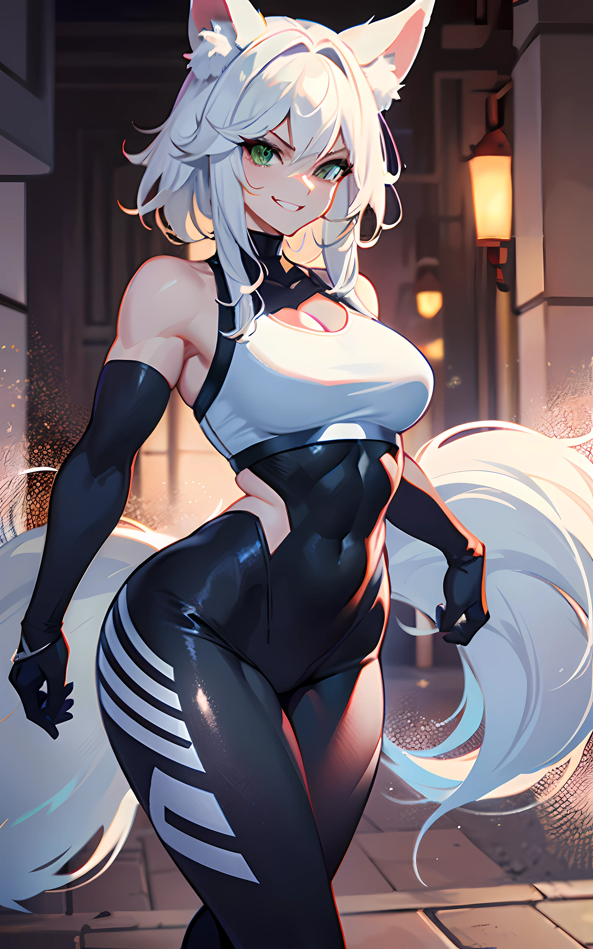 (Masterpiece: 1.5), (Best Quality: 1.5), Perfect Eyes, Perfect Face, Volumetric Lighting, 1 Woman, Mature Woman, (Whiteness: 5), fox ears, fox tail, white hair, green eyes, tall woman, medium breasts, yoga pants, streetwear, mean grin, muscular, sexy