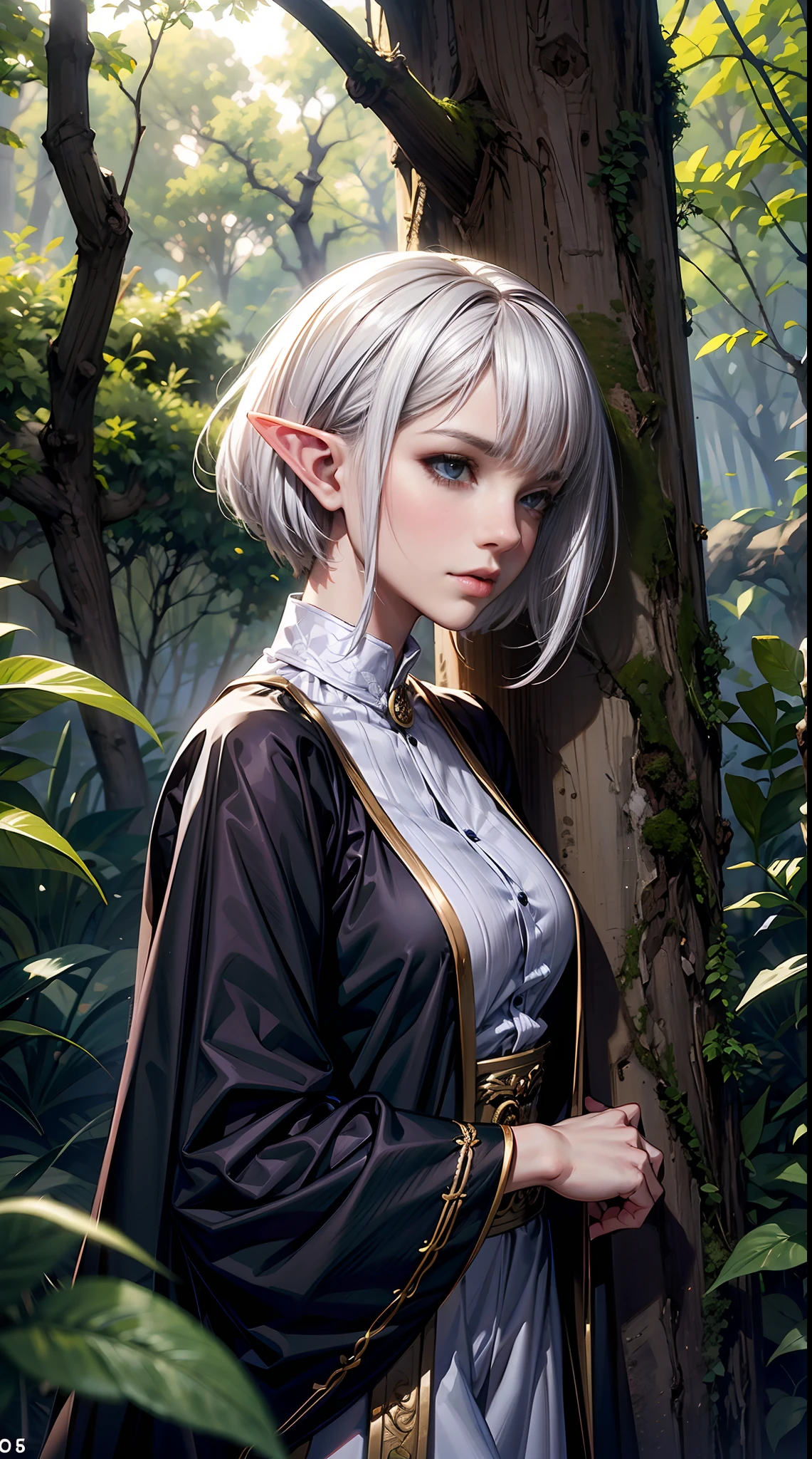 An image of a female elf exuding tranquility and elegance as she leans against a majestic tree in an enchanted woodland, by Yusuke Murata, Concept Art, Elf, Bob Cut, White Hair, Documentary Photography, Dramatic Lighting, GoPro HERO9 Black, Ground Level-view, Canon EF 16-35mm, Chic Outfit, insanley detailed face and eyes, Perfect lips.