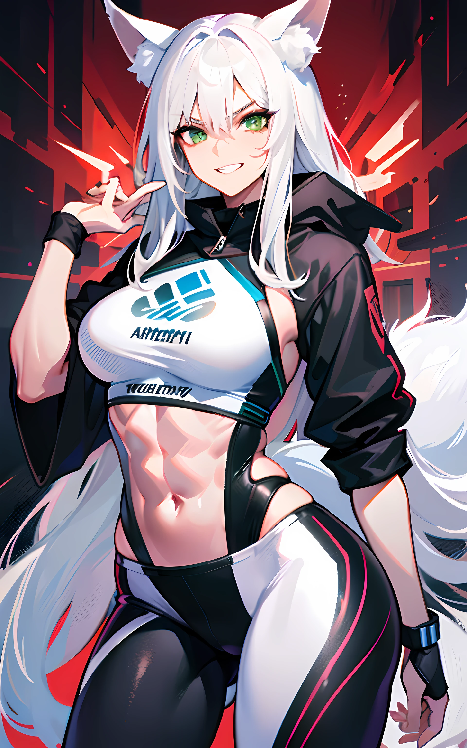 (Masterpiece: 1.5), (Best Quality: 1.5), Perfect Eyes, Perfect Face, Volumetric Lighting, 1 Woman, Mature Woman, (Whiteness: 5), fox ears, fox tail, white hair, green eyes, tall woman, medium breasts, yoga pants, streetwear, mean grin, muscular, sexy