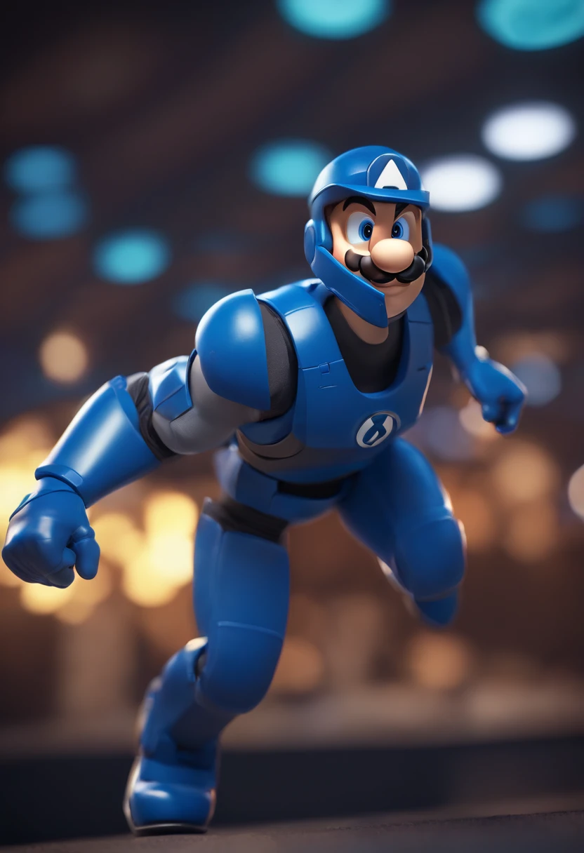 Cartoon character of a man wearing black glasses and a blue shirt, um personagem animado, Caractere estilizado, animation style rendering, 3D estilizado, Arnold Maya render, 3 d render stylized, toon render keyshot, Personagem 3D, Personagem 3D, 3d rendering stylized, 3 d character render, personagem de desenho animado, Personagem de close up, Pose de personagem, (Estilo Pixar) (master part:1.2) (Bokeh) (best quality) (pele detalhada) (textura detalhada) (8k) (argila) (Cinematic lighting) (foco nítido,Senta e vaza a parte superior do corpo, with background with neon lights, consoles de videogame antigos super Nintendo, mega drive e um console Xbox series X, e um quadro com a imagem do super Mario bros do NES e do master Chief de Halo do Xbox