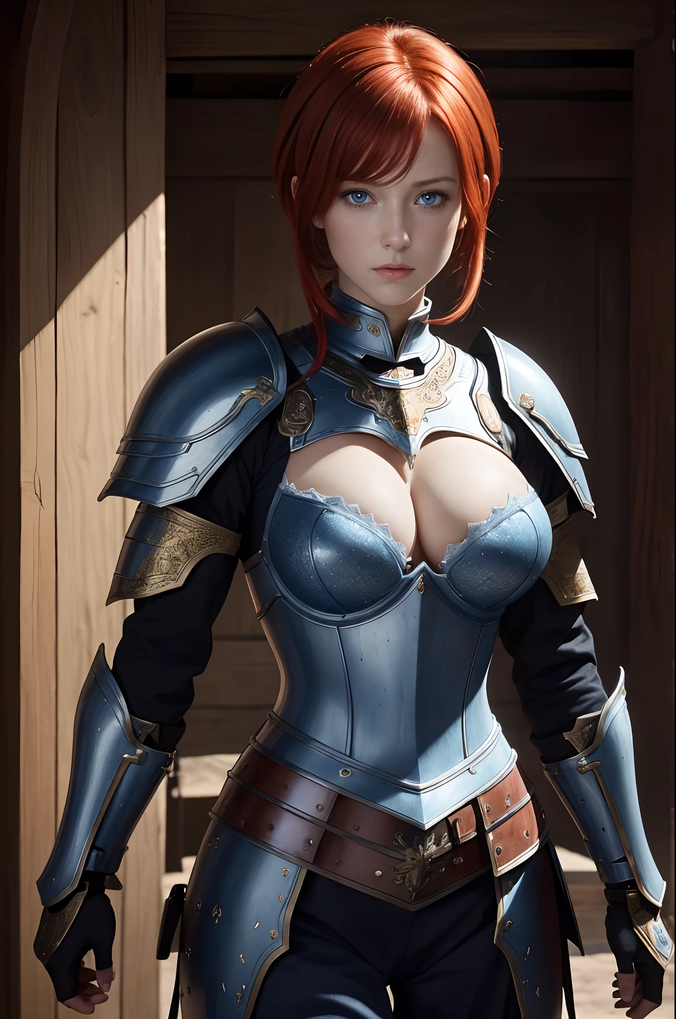 8K,超A high resolution,((Top image quality)), ((masterpiece)), (high-detail:1.3), Joan of Arc,Blue eyes,Red-haired shorthair,A MILF、large full breasts,Meticulous in the details of the decoration of the chest armor、Beautiful expression,enticing,A sexy,Scenes of armor damage during the war