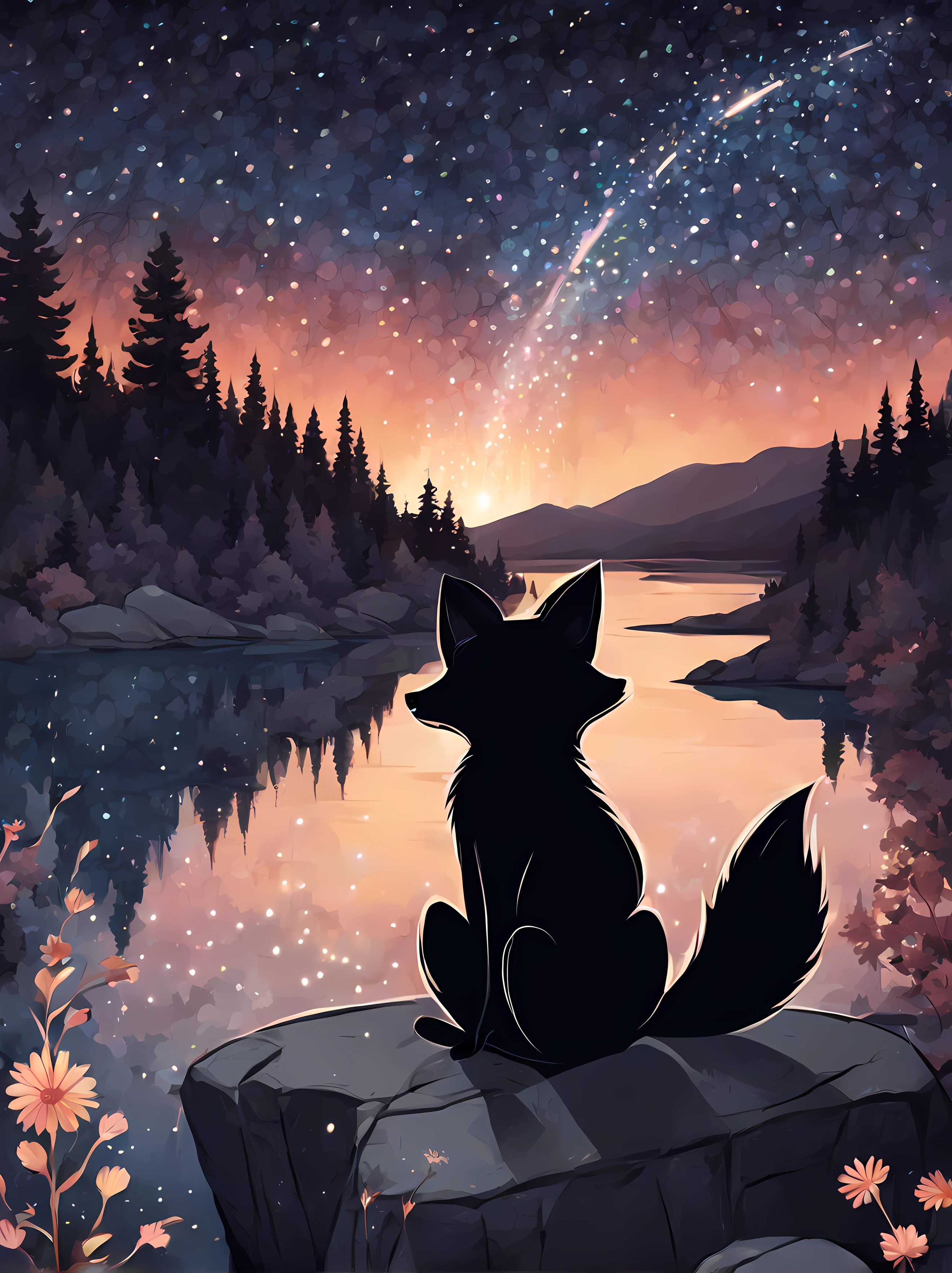 (cartoon drawing), cute black fox sitting on rock watching shiny (((((meteor shower))))), breathtaking starry night scenery, lake, forest, sunshine, flowers