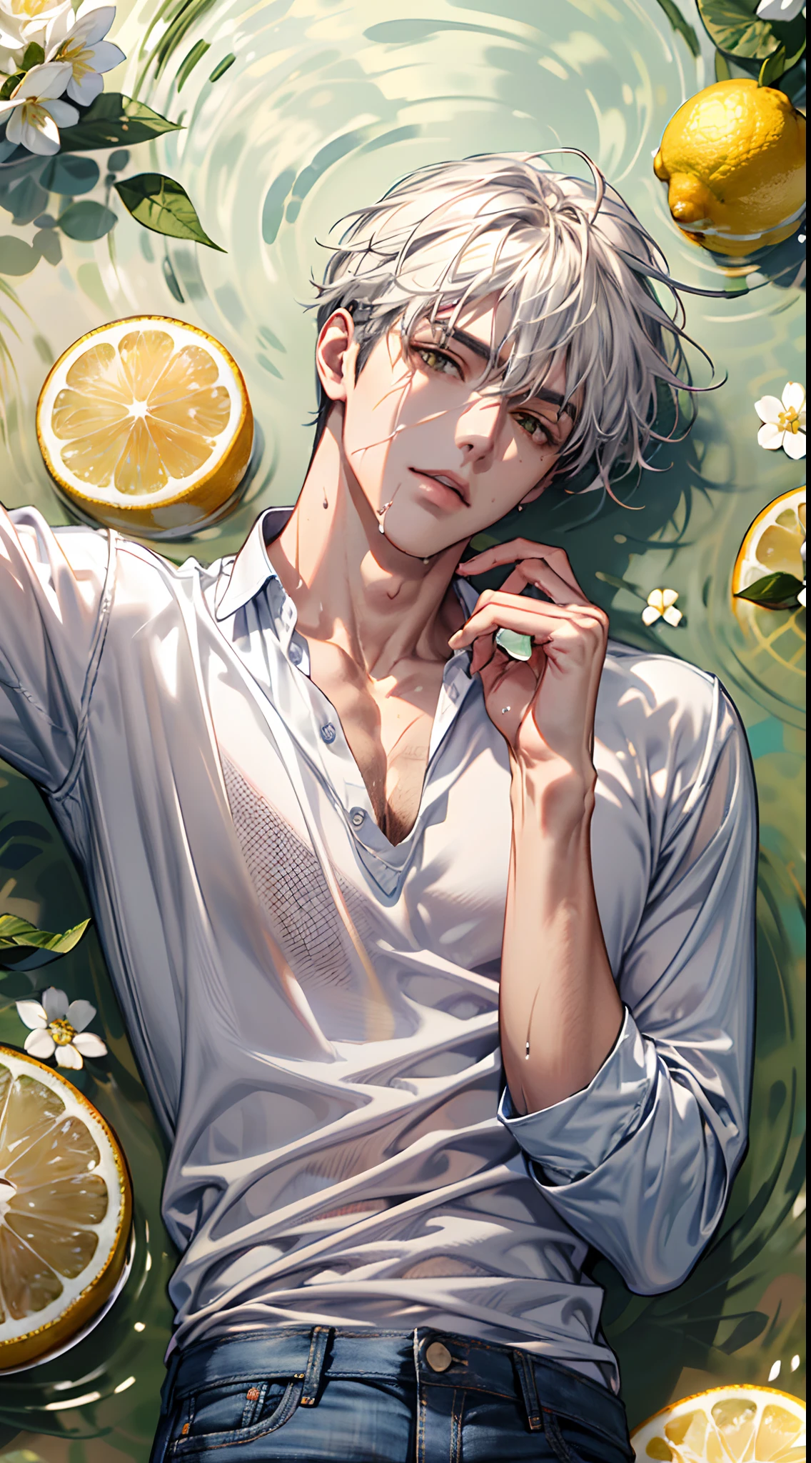 (absurdres, highres, ultra detailed), 1 male, handsome, tall muscular guy, mature, (The pond is filled with lemon slices and white flowers), A man lying on back comfortably in it, from directly above, (white shirt, jeans), wet, colorful, artistic, depth of field, focus on his face,calm facial features, lemon slices around face