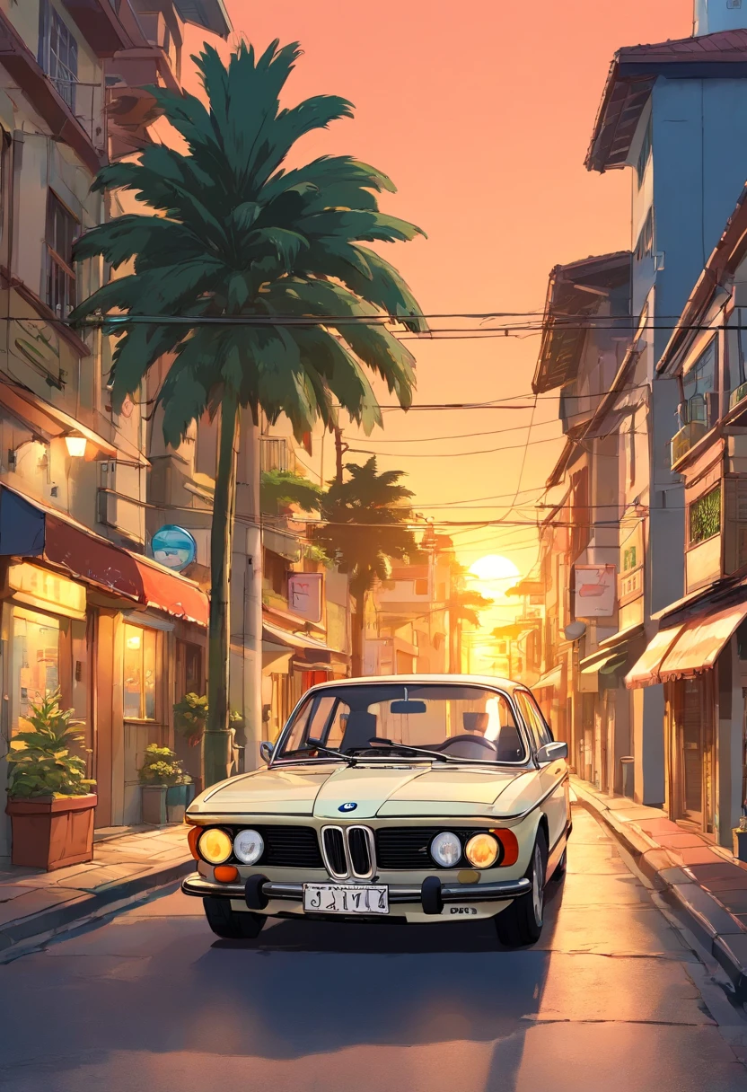((design de adesivos)), Classic BMW Car, Sunset background, Palmeiras, 5 cores de camadas, rua da esquina, Tambor Beleq, Presean, carro na cor preta