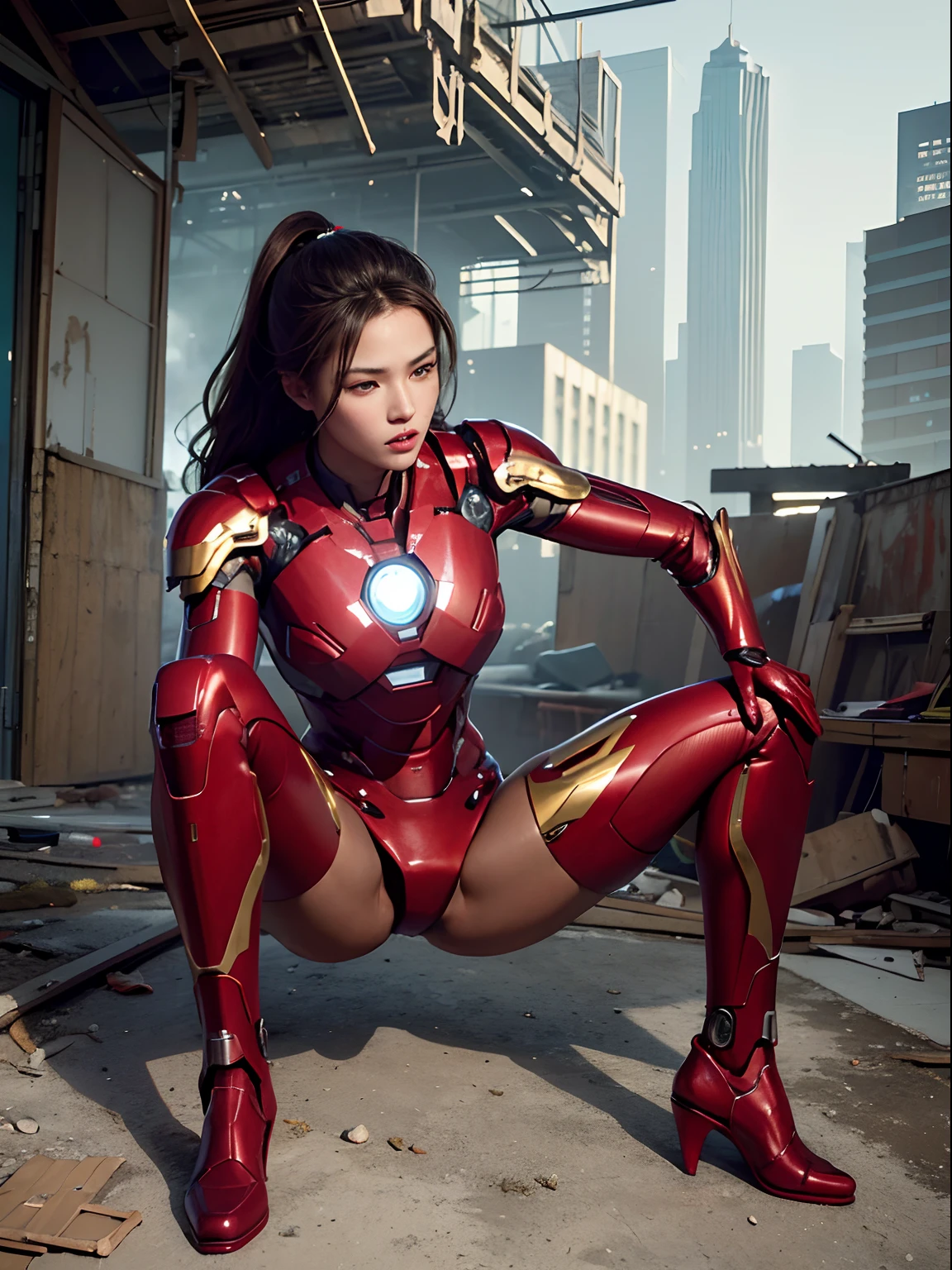 RAW, Masterpiece, Ultra Fine Photo,, Best Quality, Ultra High Resolution, Photorealistic, Sunlight, Full Body Portrait, Stunningly Beautiful,, Dynamic Poses, Delicate Face, Vibrant Eyes, (Side View) , she is wearing a futuristic Iron Man mech, red and gold color scheme, highly detailed abandoned warehouse background, detailed face, detailed and complex busy background, messy, gorgeous, milky white, high detailed skin, realistic skin details, visible pores , sharp focus, volumetric fog, 8k uhd, dslr camera, high quality, film grain, fair skin, photorealism, lomography, sprawling metropolis in futuristic dystopia, view from below, translucent