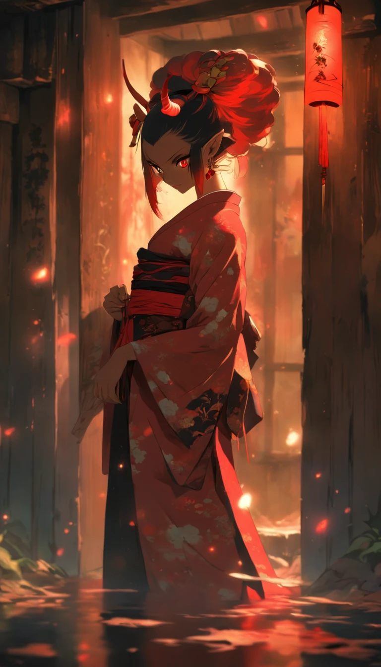 girl wearing a worn kimono thats sliding down her body,huge breast,light brown skin,blood red glowing eyes,black and red hair,elf ears,holding a sickle,in a abandoned house,two black horns,scary lighting,moody colors