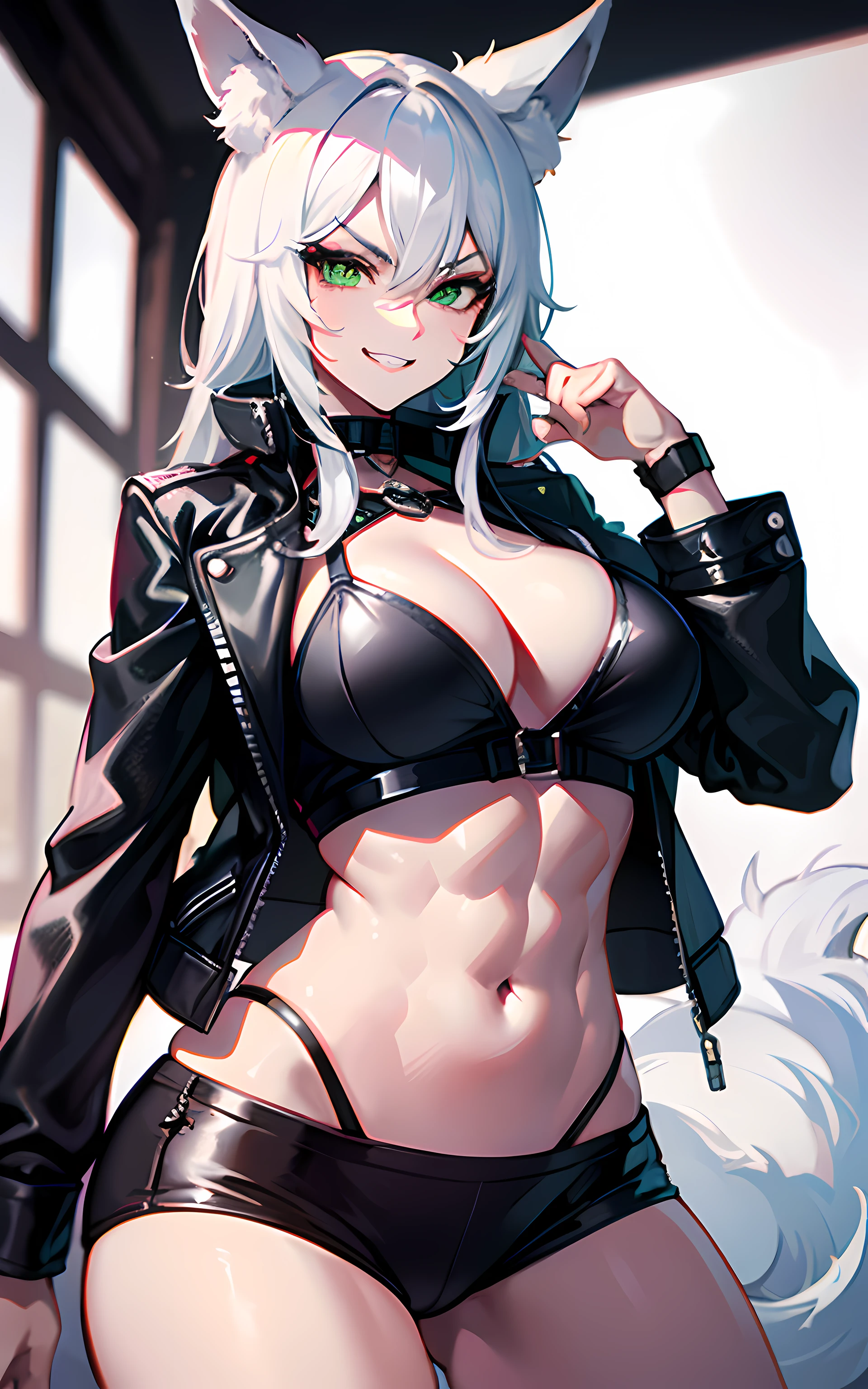 (Masterpiece: 1.5), (Best Quality: 1.5), Perfect Eyes, Perfect Face, Volumetric Lighting, 1 Woman, Mature Woman, (Whiteness: 5), fox ears, fox tail, white hair, green eyes, tall woman, medium breasts, streetwear, mean grin, muscular, , leather jacket,