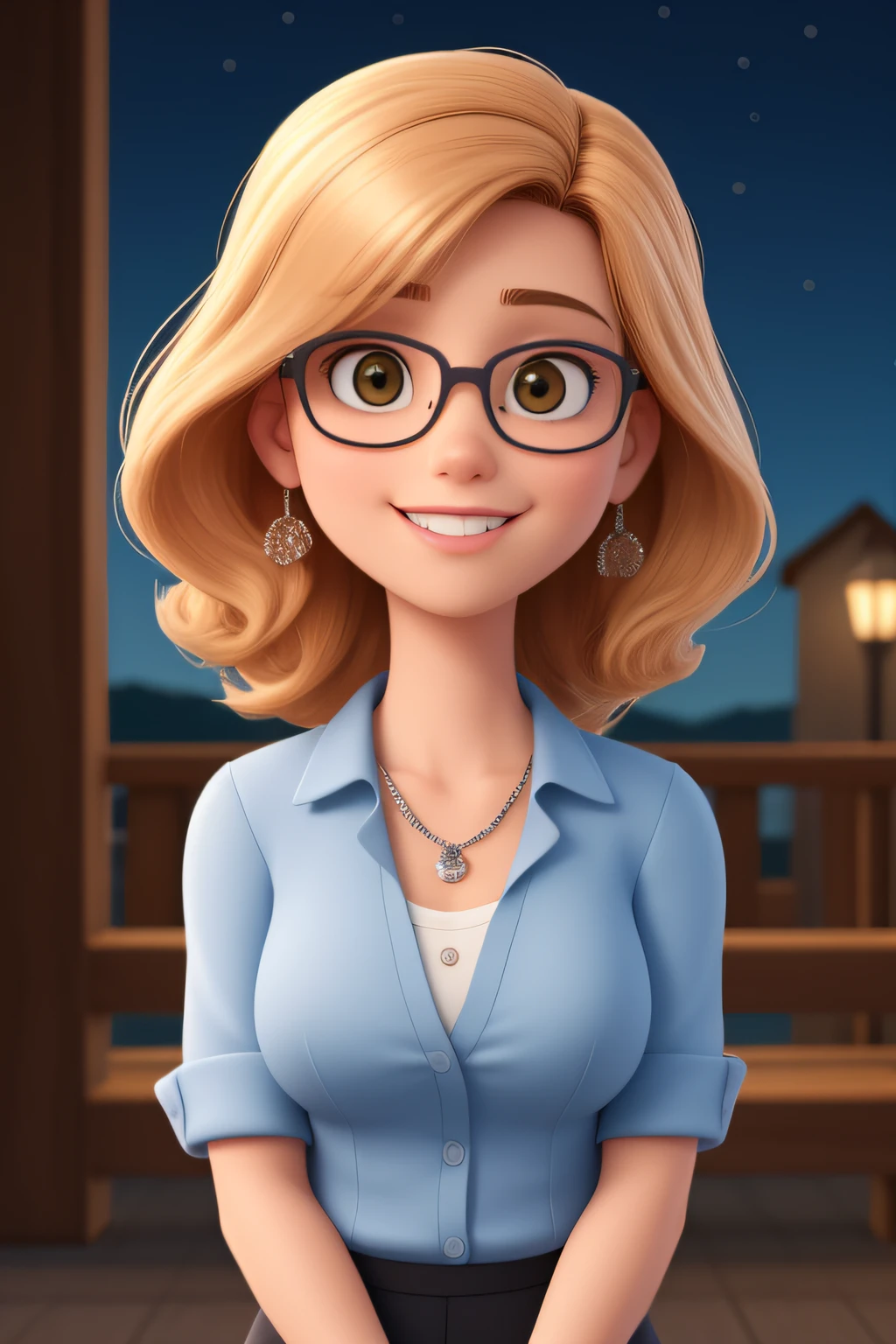 Uma mulher de 50 anos, com cabelo curto, loira, Rosto redondo, sorriso encantador, e olhos escuros, big eyeglasses, noite, empresa