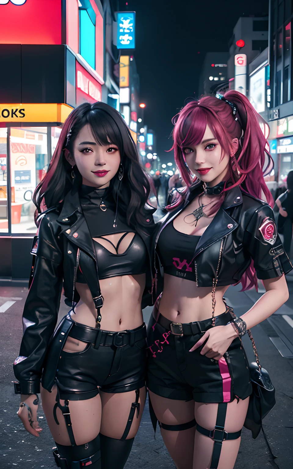 masterpiece, best quality, 2 ((smiling)) cyberpunk girls standing together, Harajuku-inspired cyberpunk body harness, bold colors and patterns, eye-catching accessories, trendy and innovative hairstyle, dazzling Cyberpunk cityscape, skyscrapers, neon signs, LED lights, bright and vivid color scheme, anime, illustration, detailed skin texture, detailed cloth texture, beautiful detailed face, intricate details, ultra detailed, cinematic lighting, dark shadows.