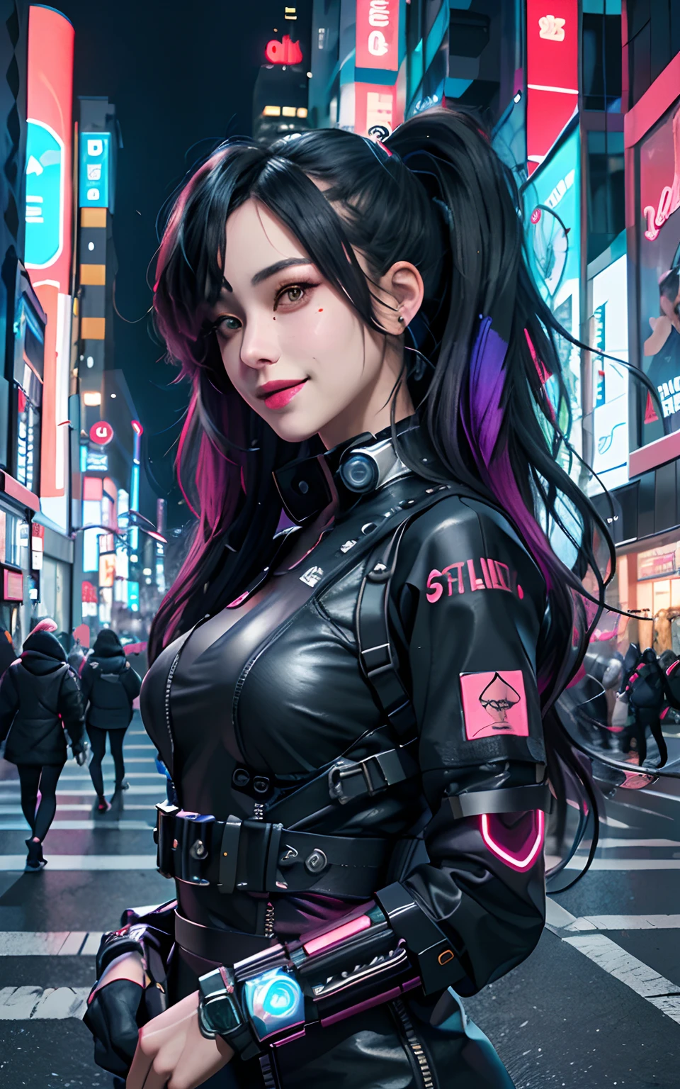 masterpiece, best quality, 2 ((smiling)) cyberpunk girls standing together, Harajuku-inspired cyberpunk body harness, bold colors and patterns, eye-catching accessories, trendy and innovative hairstyle, dazzling Cyberpunk cityscape, skyscrapers, neon signs, LED lights, bright and vivid color scheme, anime, illustration, detailed skin texture, detailed cloth texture, beautiful detailed face, intricate details, ultra detailed, cinematic lighting, dark shadows.