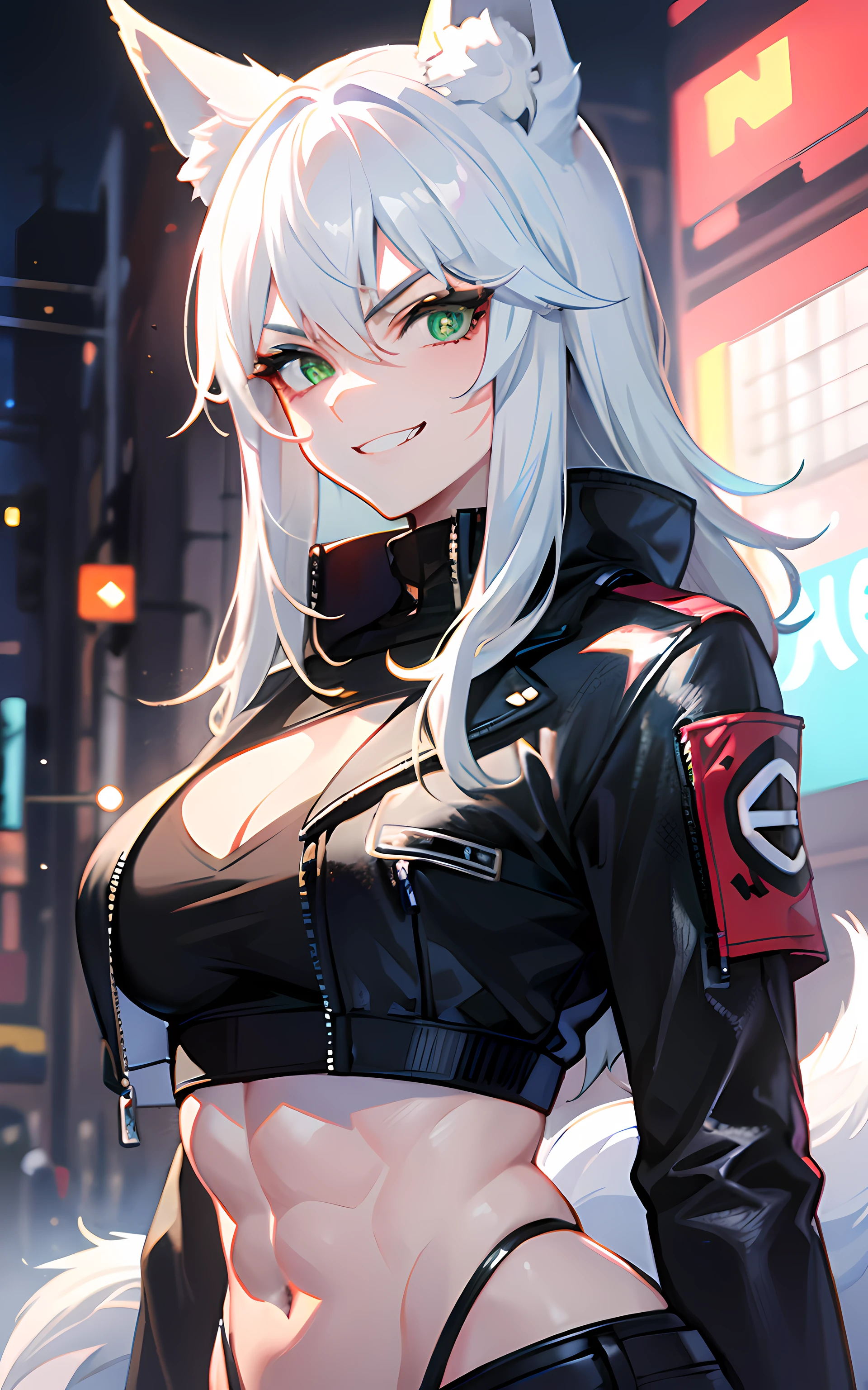(Masterpiece: 1.5), (Best Quality: 1.5), Perfect Eyes, Perfect Face, Volumetric Lighting, 1 Woman, Mature Woman, (Whiteness: 5), fox ears, fox tail, white hair, green eyes, tall woman, medium breasts, streetwear, mean grin, muscular, sexy, leather jacket,