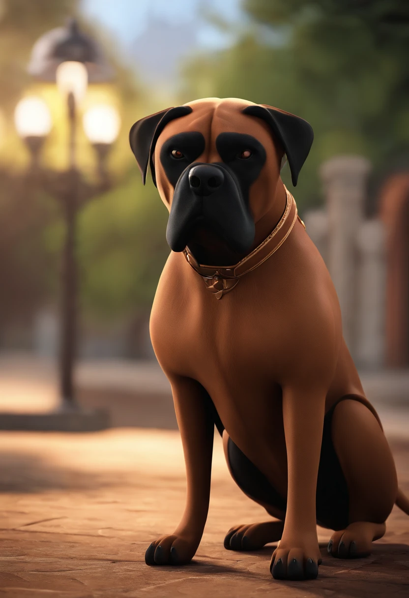 Personagem dos desenhos animados de um bullmastiff fulvo, with black mask, Caractere estilizado, animation style rendering, 3D estilizado, Arnold Maya render, 3 d render stylized, toon render keyshot, Personagem 3D, Personagem 3D, 3d rendering stylized, 3 d character render, personagem de desenho animado, Personagem de close up, Pose de personagem, (Estilo Pixar) (master part:1.2) (Bokeh) (best quality) (pele detalhada) (textura detalhada) (8k) (argila) (Cinematic lighting) (foco nítido