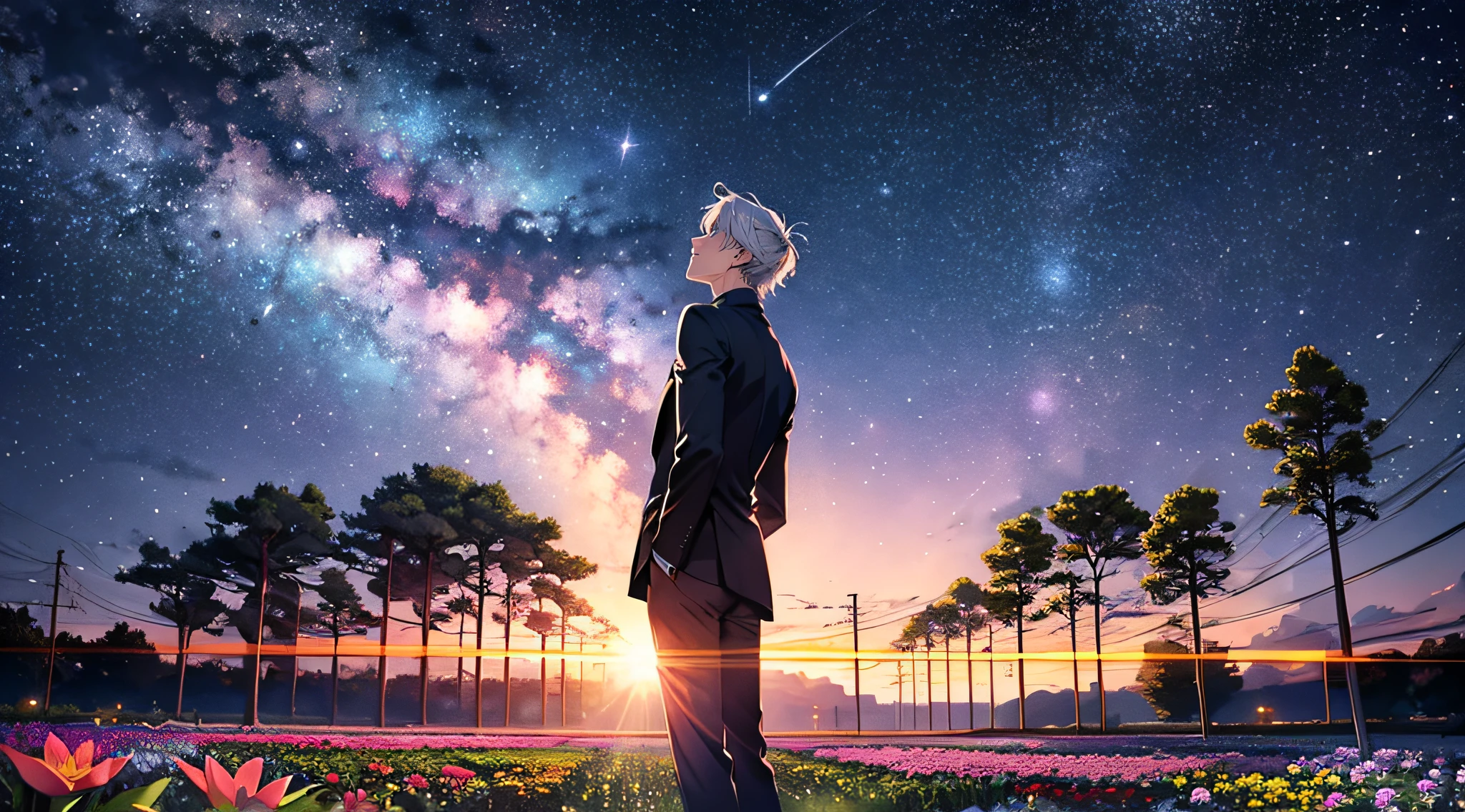 Flower garden、starrysky、meteors、Men's back、Looking up at the sky