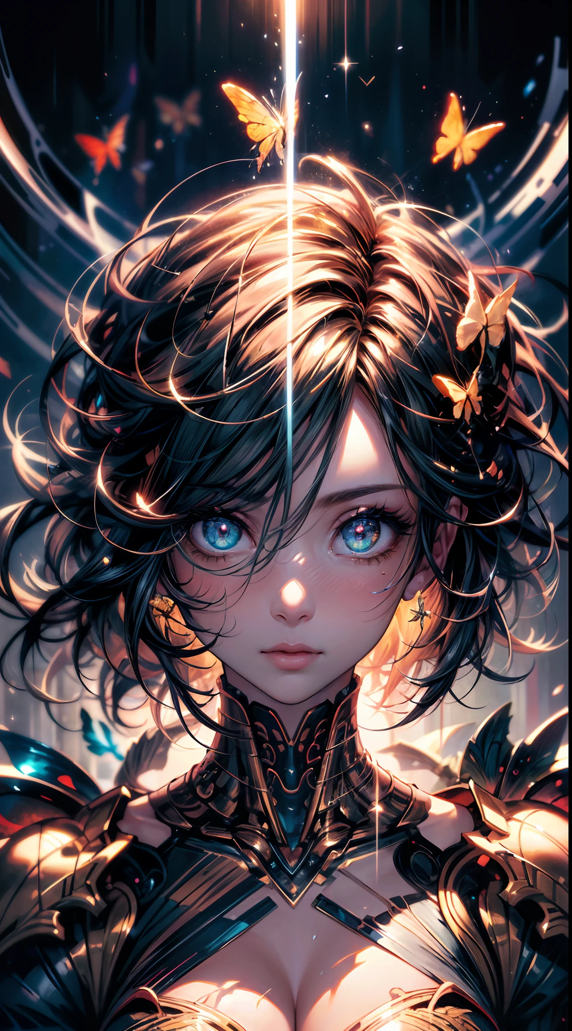 Portrait of a beautiful cyborg with 8k brown hair, intricate, elegant, highly detailed, majestic, digital photography, art by artgerm and Ruan Jia and Greg Rutkowski, surreal painting, golden butterfly filigree, broken glass, (masterpiece, side light, delicate beautiful eyes: 1.2), Human Development Report