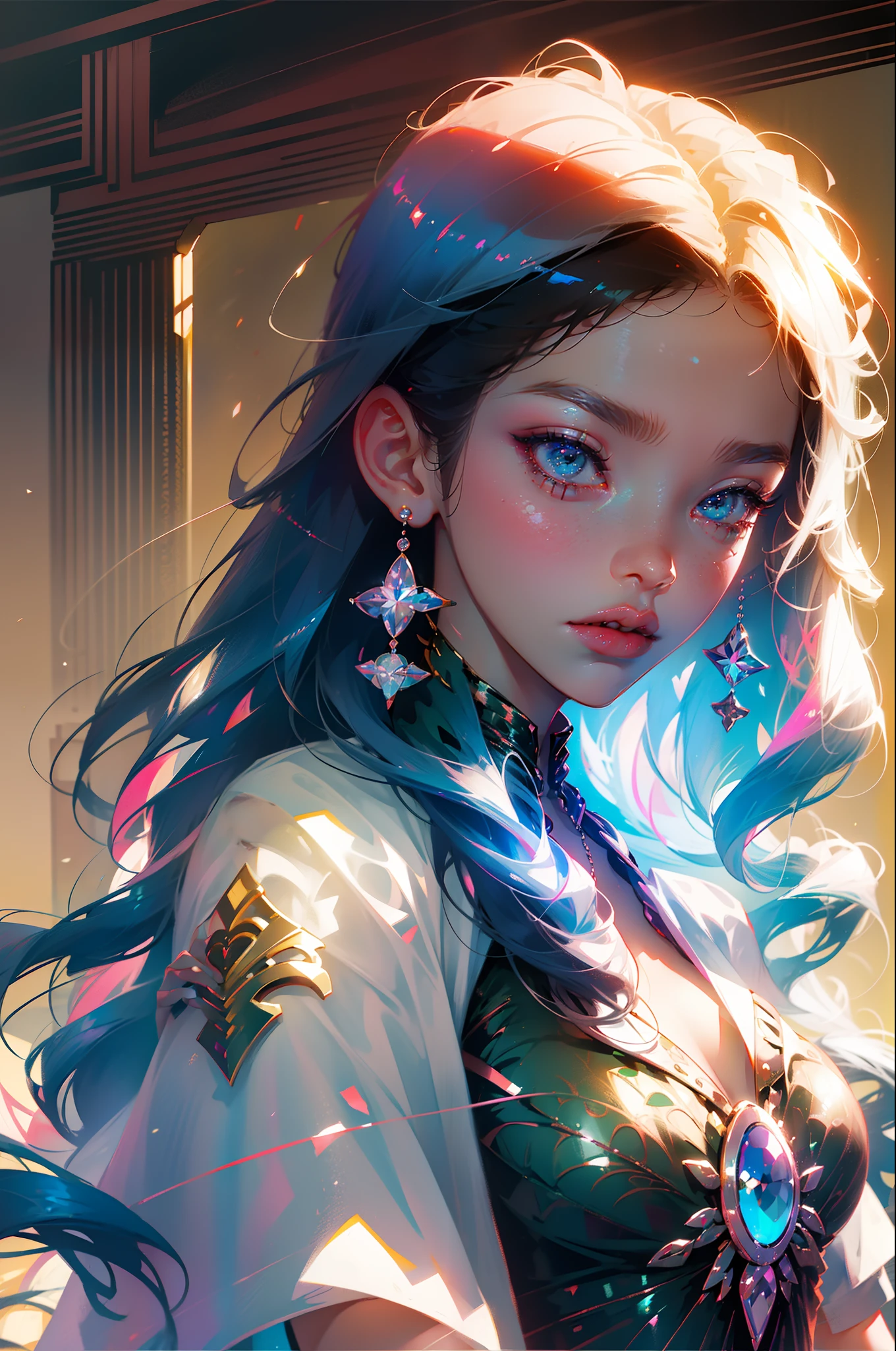 a beautiful girls wearing a white crop top, manhwa style, portrait, rainbow hair, big eyes, aegyo sal, rosy cheek, gradient lips, ultra realistic, anime style, hyperrealistic photography, white background --auto --s2