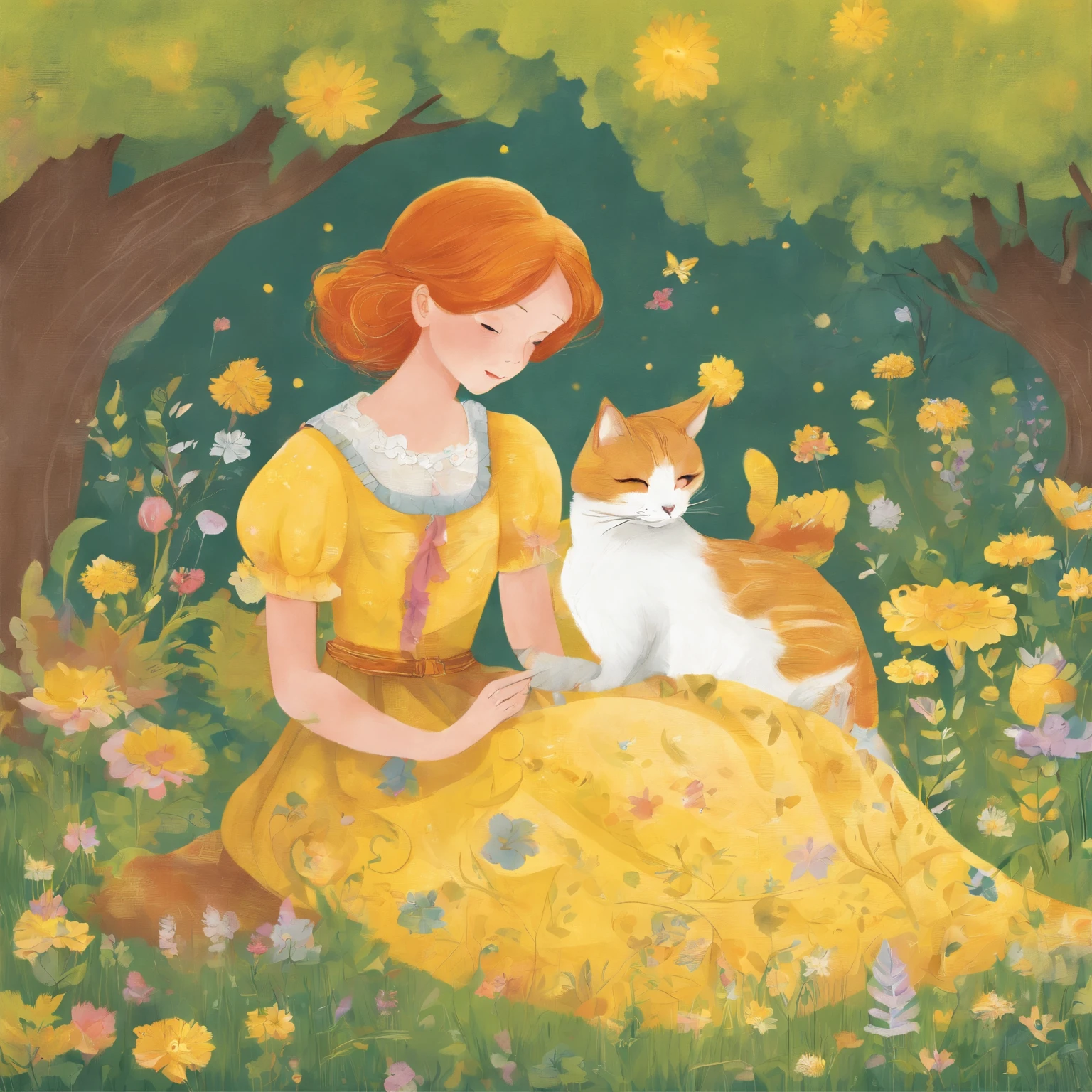 A 10-year-old chestnut-haired girl and a light gray cat are basking in the sun on the lawn of a sun-drenched park Fantastic and happy feeling The overall design is classical and the color is strong yellow Picture book illustrations