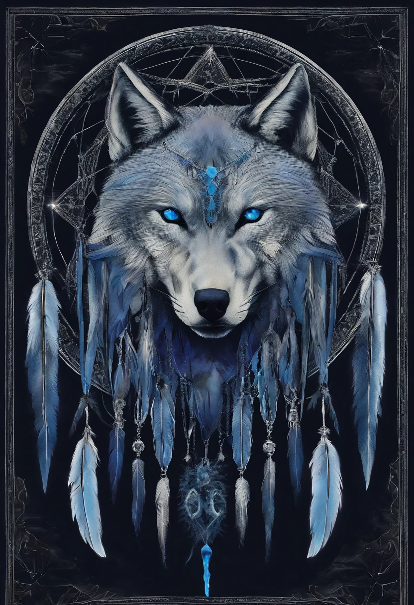 （The blue wolf is in the circle of colorful dreamcatchers），"The T-shirt is designed with a rounded silhouette of a wolf face, Crescent, And the stars are in，Blue glowing eyeballs