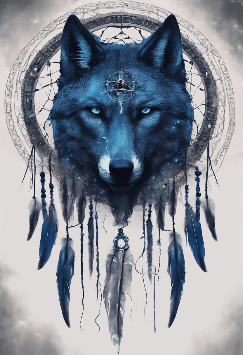 (The blue wolf is in the circle of colorful dreamcatchers),"The T-shirt is designed with a rounded silhouette of a wolf face, Crescent, And the stars are in,Blue glowing eyeballs