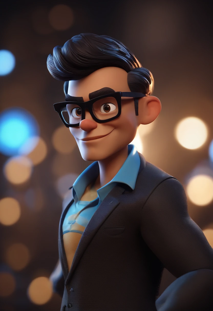 Cartoon character of a man wearing black glasses and a blue shirt, um personagem animado, Caractere estilizado, animation style rendering, 3D estilizado, Arnold Maya render, 3 d render stylized, toon render keyshot, Personagem 3D, Personagem 3D, 3d rendering stylized, 3 d character render, personagem de desenho animado, Personagem de close up, Pose de personagem, (Estilo Pixar) (master part:1.2) (Bokeh) (best quality) (pele detalhada) (textura detalhada) (8k) (argila) (Cinematic lighting) (foco nítido,Senta e vaza a parte superior do corpo, uma camiseta com o a imagem do Xbox Series X, Background with neon lights