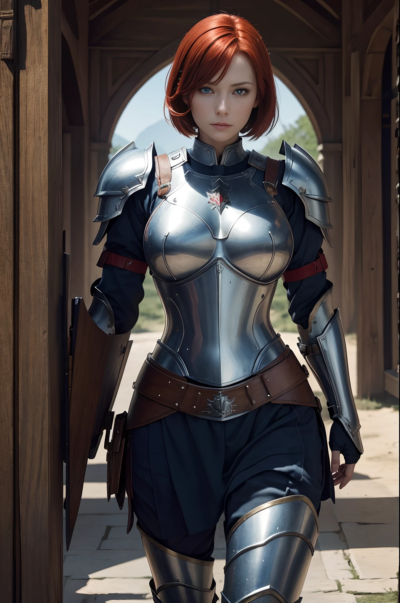 8K,超A high resolution,((Top image quality)), ((​masterpiece)), (high-detail:1.3), Joan of Arc,Blue eyes,Red-haired shorthair,A MILF、large full breasts,Meticulous in the details of the decoration of the chest armor、Waist and leg armor,Round shield on the left arm,Beautiful expression,enticing,A sexy,Scenes of armor damage during the war