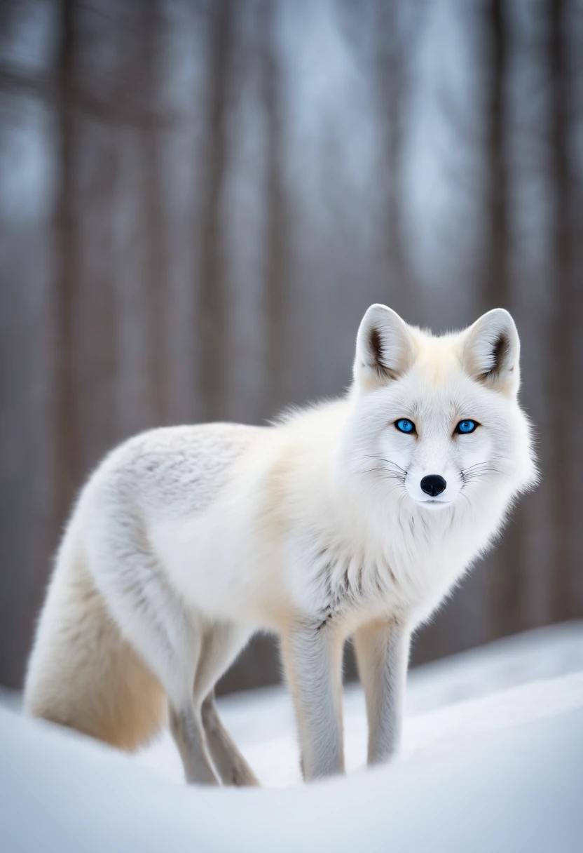 A white fox with a red birthmark on its forehead, (best quality, ultra-detailed), (realistic), vibrant colors, detailed fur, piercing blue eyes, elegant stance, surrounded by a snowy landscape, soft yet bright lighting, evoking a sense of mystery and beauty.