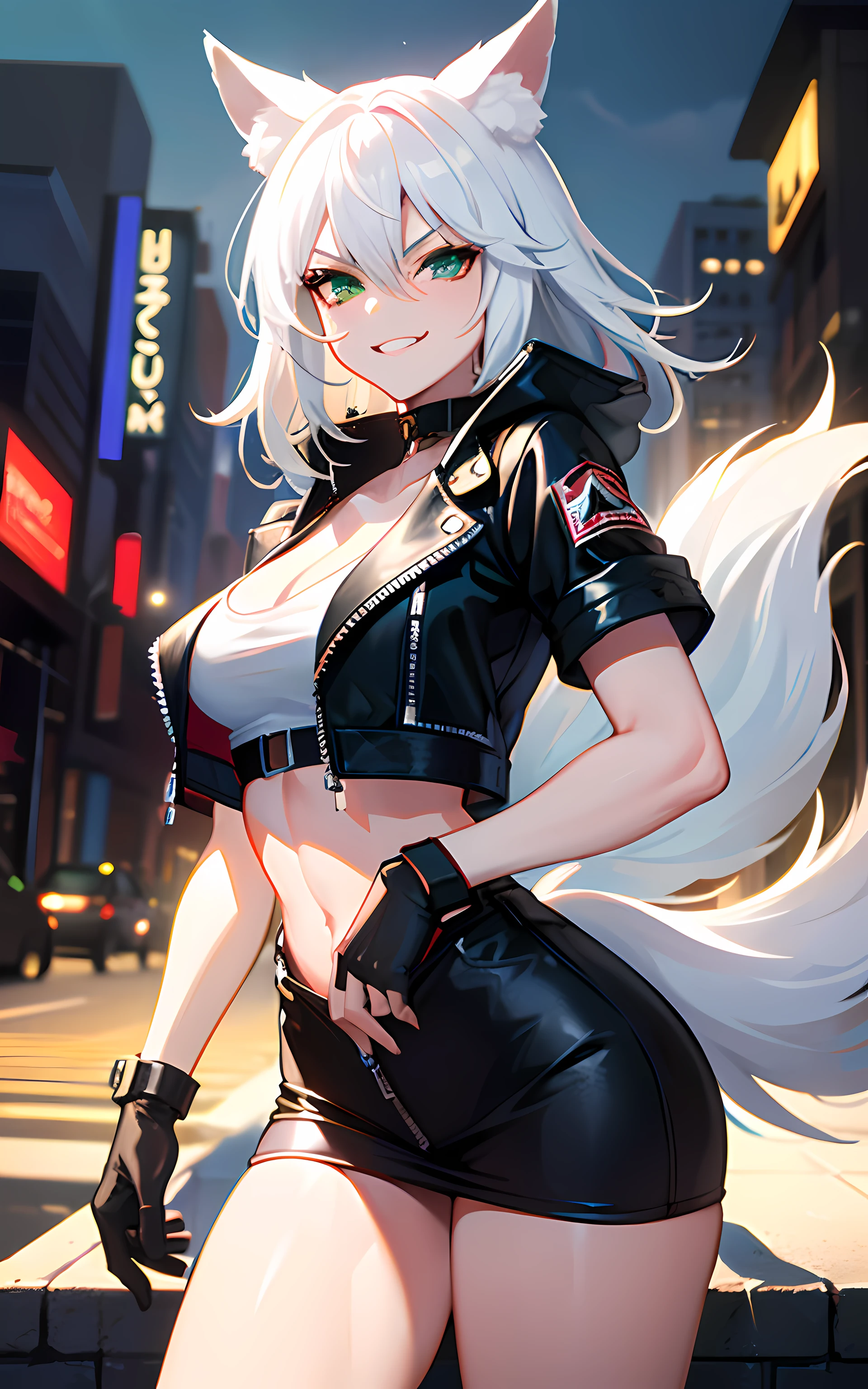 (Masterpiece: 1.5), (Best Quality: 1.5), Perfect Eyes, Perfect Face, Volumetric Lighting, 1 Woman, Mature Woman, (Whiteness: 5), fox ears, fox tail, white hair, green eyes, tall woman, medium breasts, streetwear, mean grin, muscular, sexy, leather jacket, pushing viewer,
