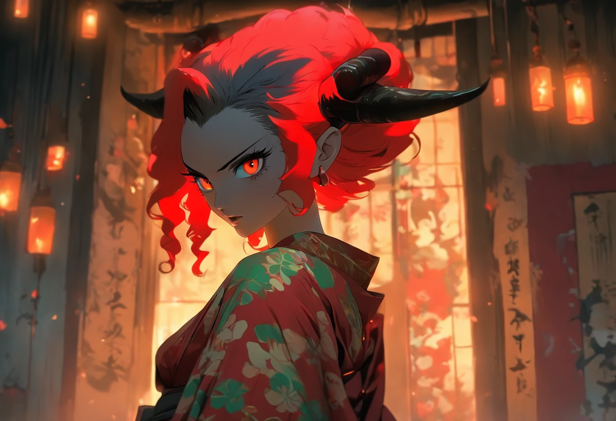 girl wearing a worn kimono thats sliding down her body,huge breast,light brown skin,blood red glowing eyes,black and red hair,elf ears,holding a sickle,in a abandoned house,two black horns,scary lighting,moody colors,hair is down, her breast are bouncy and huge,(best quality),no bright colors