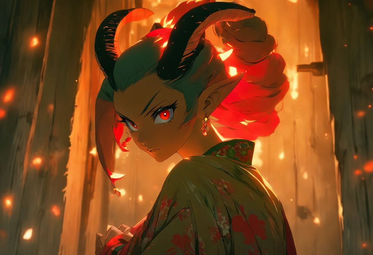 girl wearing a worn kimono thats sliding down her body,huge breast,light brown skin,blood red glowing eyes,black and red hair,elf ears,holding a sickle,in a abandoned house,two black horns,scary lighting,moody colors,hair is down, her breast are bouncy and huge,(best quality),no bright colors
