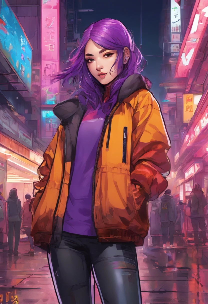 japanaese girl,pale skin,beatiful face(purple hair)red jacket,Tokyo at night, cold girl, wearing black sweater,Japanese streetwear,Tokyo Fashio,In a Cyberpunk 2 jacket 0 7 7,Full-length,attractive pose,Bottom view, purple hair, long smooth,Mole under left eye