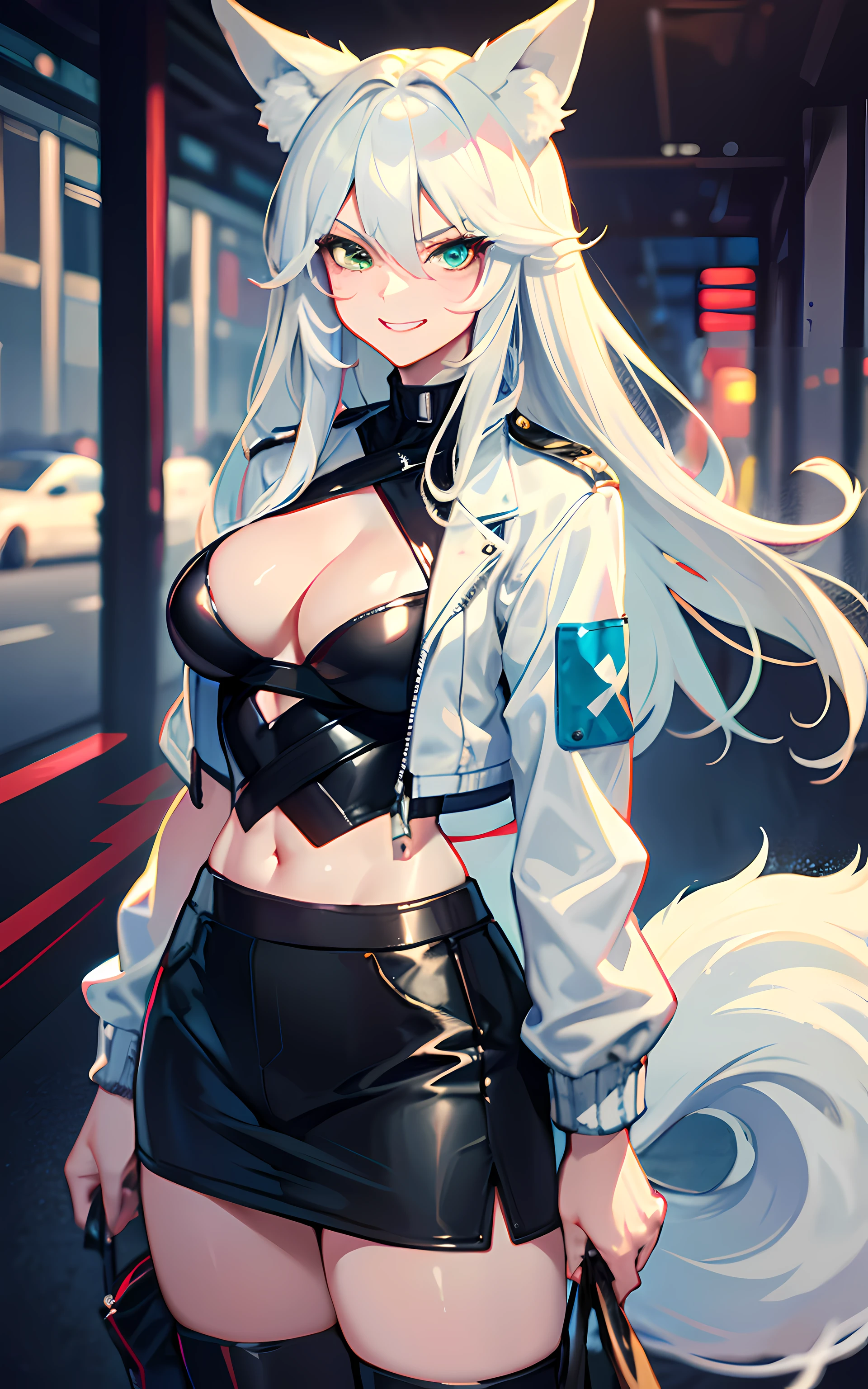 (Masterpiece: 1.5), (Best Quality: 1.5), Perfect Eyes, Perfect Face, Volumetric Lighting, 1 Woman, Mature Woman, (Whiteness: 5), fox ears, fox tail, white hair, green eyes, tall woman, medium breasts, streetwear, mean grin, muscular, sexy, leather jacket, pushing viewer,