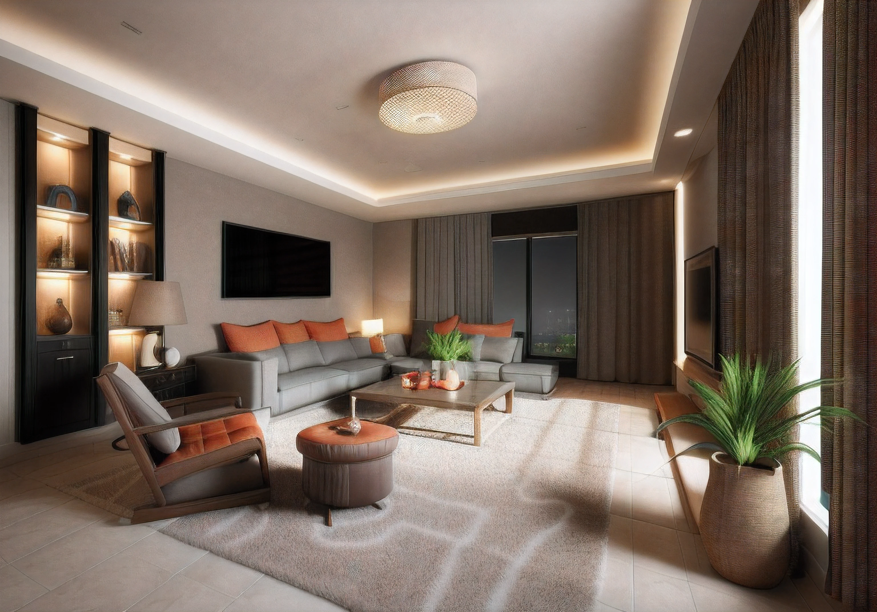 LIVING ROOM, 3DSMAX RENDER CORONA, WARM COLORS, LED LIGHTING, MODERN STYLE
