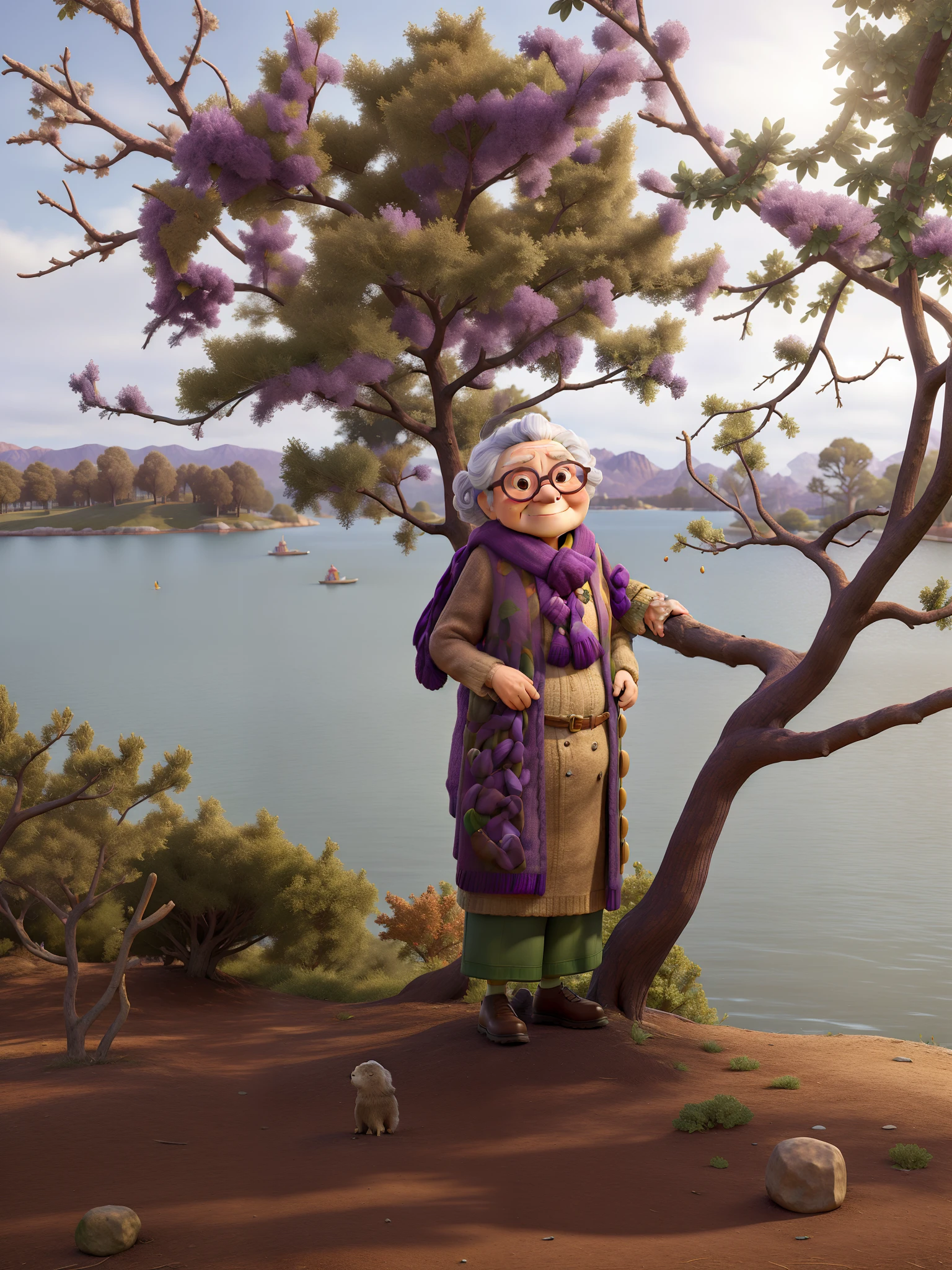 masterpiece, best quality, an old woman with glasses and a scarf on, wearing a purple coat and green scarf, standing at the park