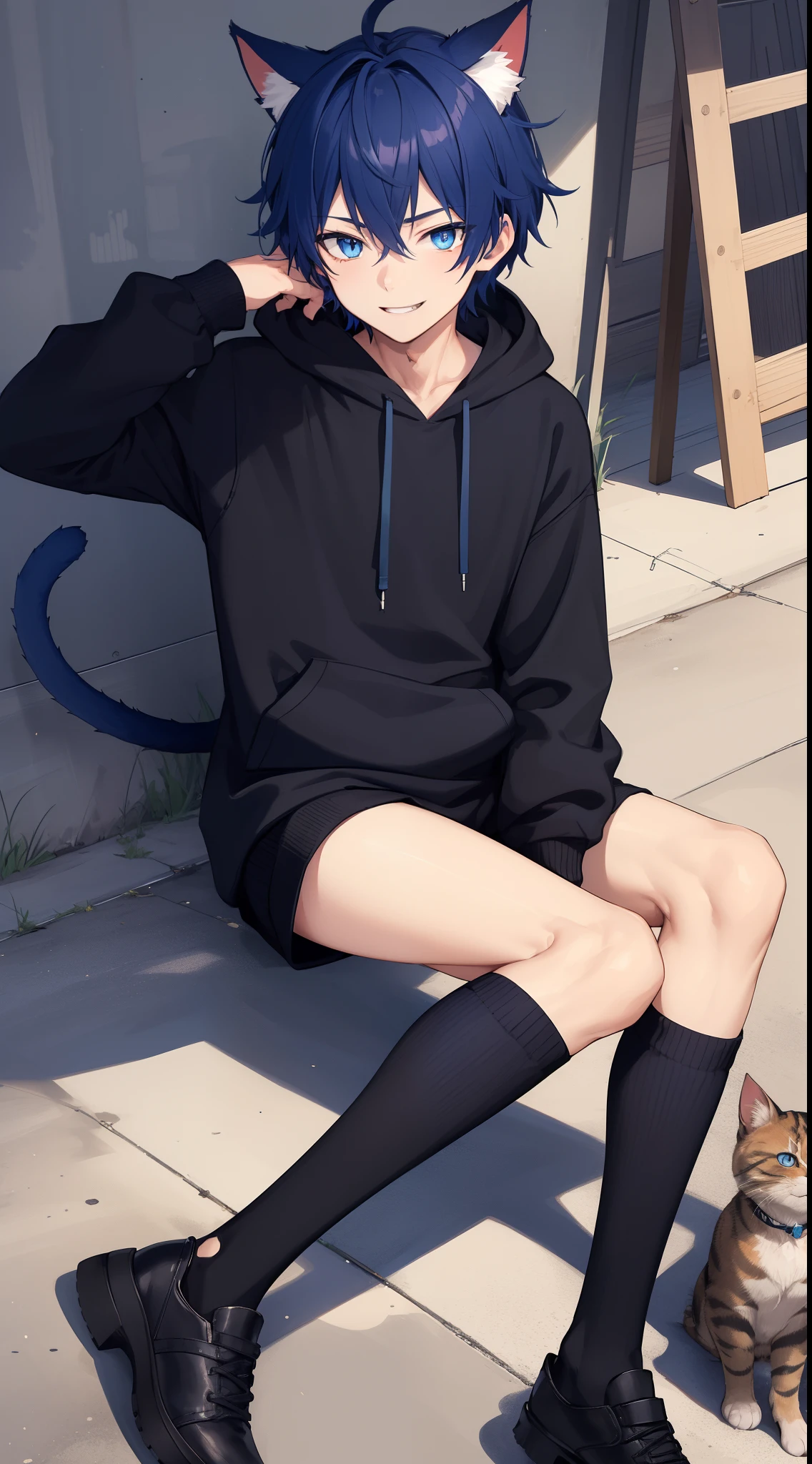 1boy, toned, sharp cat ears, cat tail, dark blue messy hair, wide extremely vibrant blue eyes, HD, masterpiece, vibrant, black shoes, slim dark blue hoodie, full body view, warm smile, black thigh socks