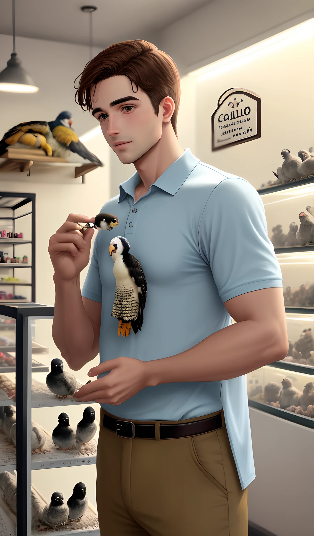 Homem branco alto de camisa polo , cabelo curto castanho, in a cute and colorful Pet shop with cockatiels on the finger of the hand and shoulders