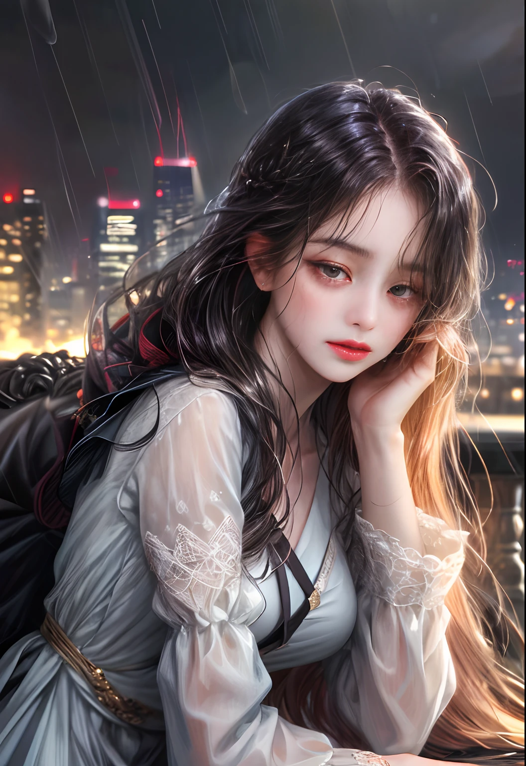 (absurd, highres, ultra detailed), 1girl, solo, mature, (very long hair, black hair, bangs: 1.4), long dress, long sleeves, colorful, highest detail, upper body, 21st century, girl of today, scenery city of korea, at night, night scenery, with many buildings and lights, she crying in the rain, really sad, her expression on her face is very painful, Completely black hair with tears down her cheeks, expression on her face really painful, very sad eyes