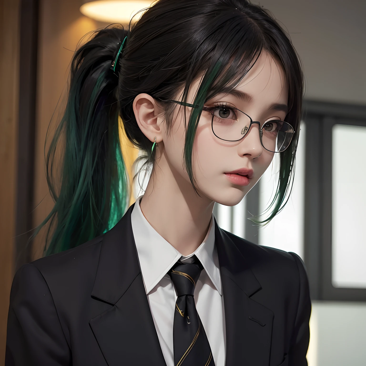 1girl, upper body, beautiful ,zenin_maki,ponytail,glasses,bangs,green hair,brown eyes, indoor,hoop Earrings, office lady, black suit, business clothes, black necktie, smalllips, volumetric lighting, best quality, masterpiece, intricate details, tonemapping, sharp focus, hyper detailed, trending on Artstation