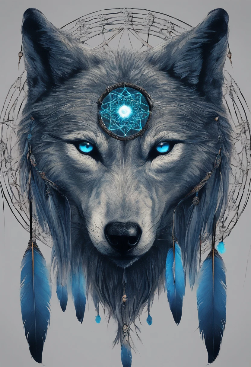(Light blue wolves in colorful dreamcatcher circles),"The T-shirt is designed with a rounded silhouette of a wolf face, Crescent, The stars are in,Blue glowing eyeballs