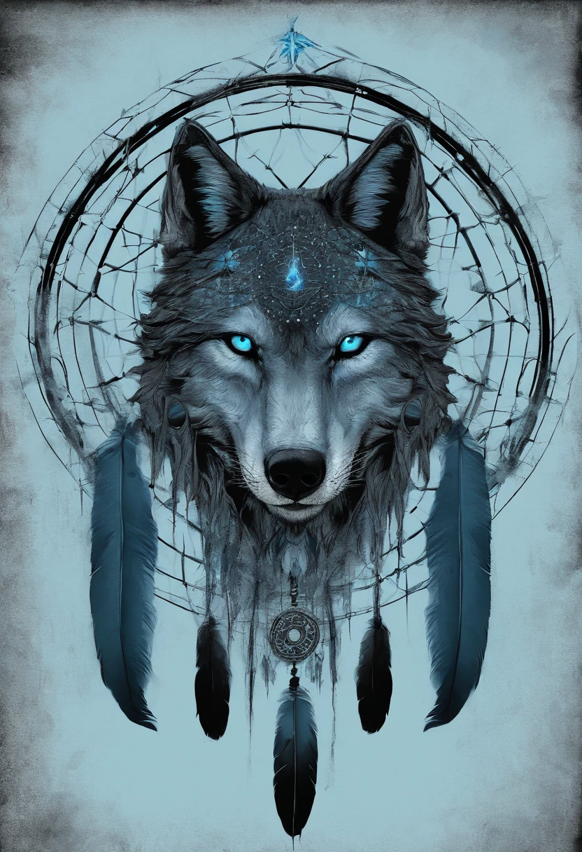 (Light blue wolves in colorful dreamcatcher circles),"The T-shirt is designed with a rounded silhouette of a wolf face, Crescent, The stars are in,Blue glowing eyeballs
