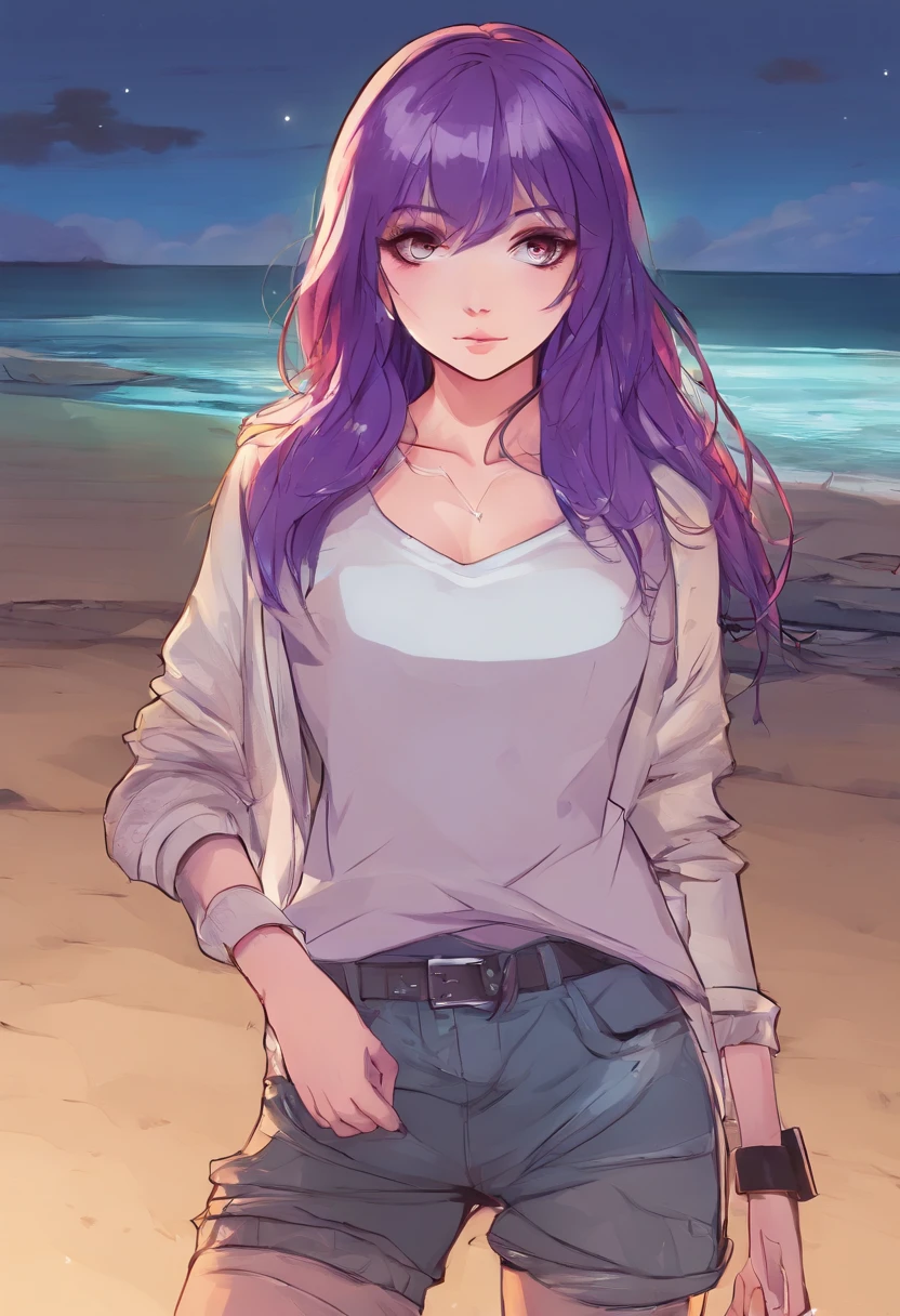 (((one girl))), dark purple eyes, long hair purple , A beautiful girl is on the Tokyo at night, 20 years old, masterpiece, High contrast, (((Wearing a sweater))), big breasts, (high quality :1.5), purple hair, (((cold, not happy))), Tall body, mature woman, night, mature face, (((high resolution))), ((Tokyo, empty beach)), (((portrait view))), ((cold woman, insensitivity)), (((Mole under left eye))), holding a gun.