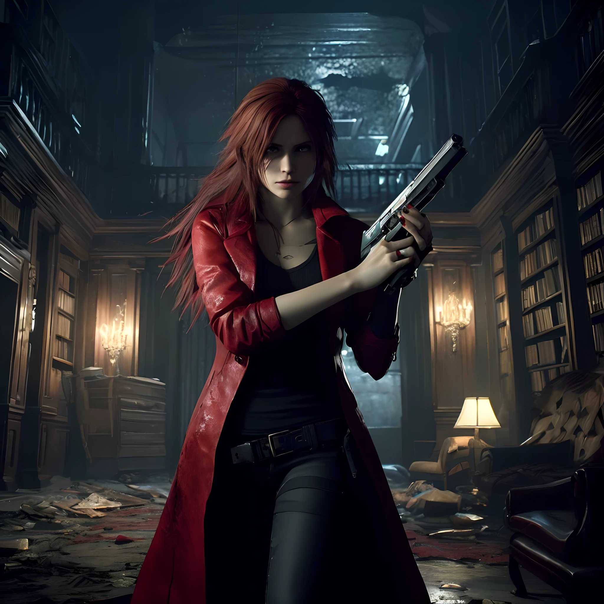 4K, HD, ((Claire Redfield 40 years old)), beautiful face, looking at viewer, very long red hair, perfect Face, black jeans, red long coat with black t-shirt, red nail polish, friendly face, Glare, holding a gun