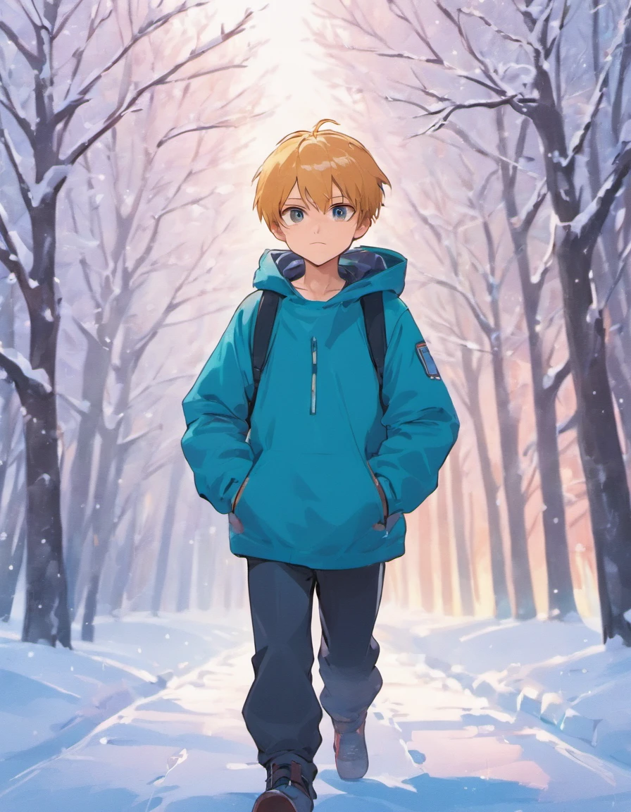 A caucasian boy walking in the snow