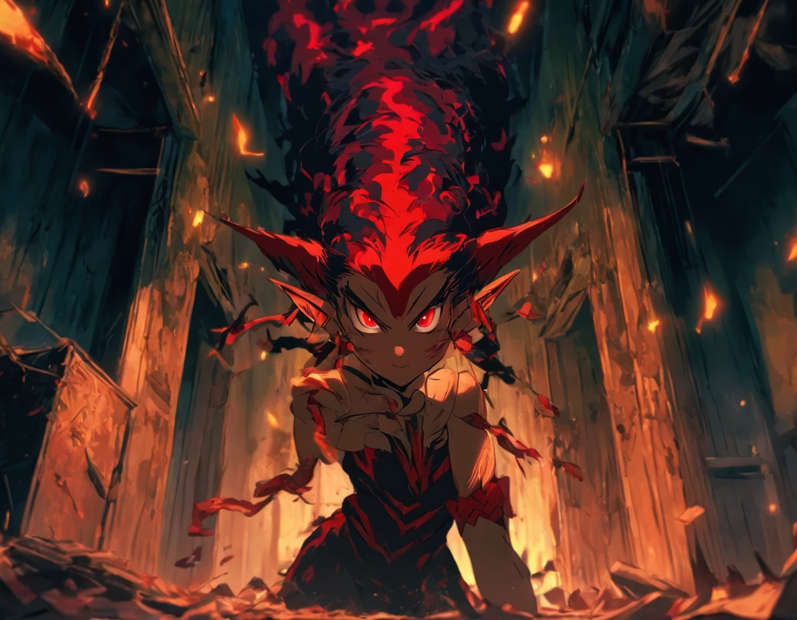 girl wearing torn clothes thats sliding down her body,huge breast,light brown skin,blood red glowing eyes,black and red hair,elf ears,holding a sickle,in a abandoned house,two black horns,scary lighting,moody colors,hair is down, her breast are bouncy and huge,(best quality),no bright colors