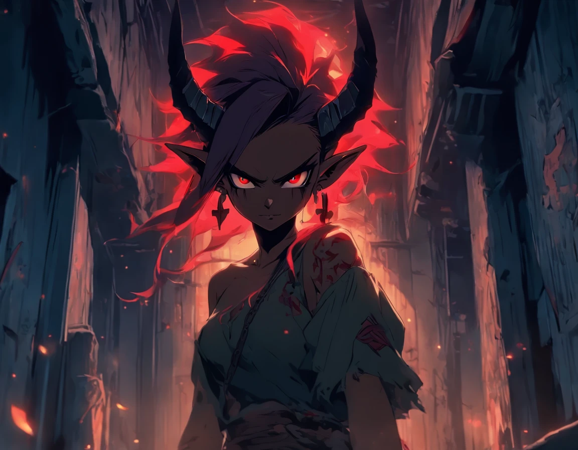 girl wearing torn clothes thats sliding down her body,huge breast,light brown skin,blood red glowing eyes,black and red hair,elf ears,holding a sickle,in a abandoned house,two black horns,scary lighting,moody colors,hair is down, her breast are bouncy and huge,(best quality),no bright colors