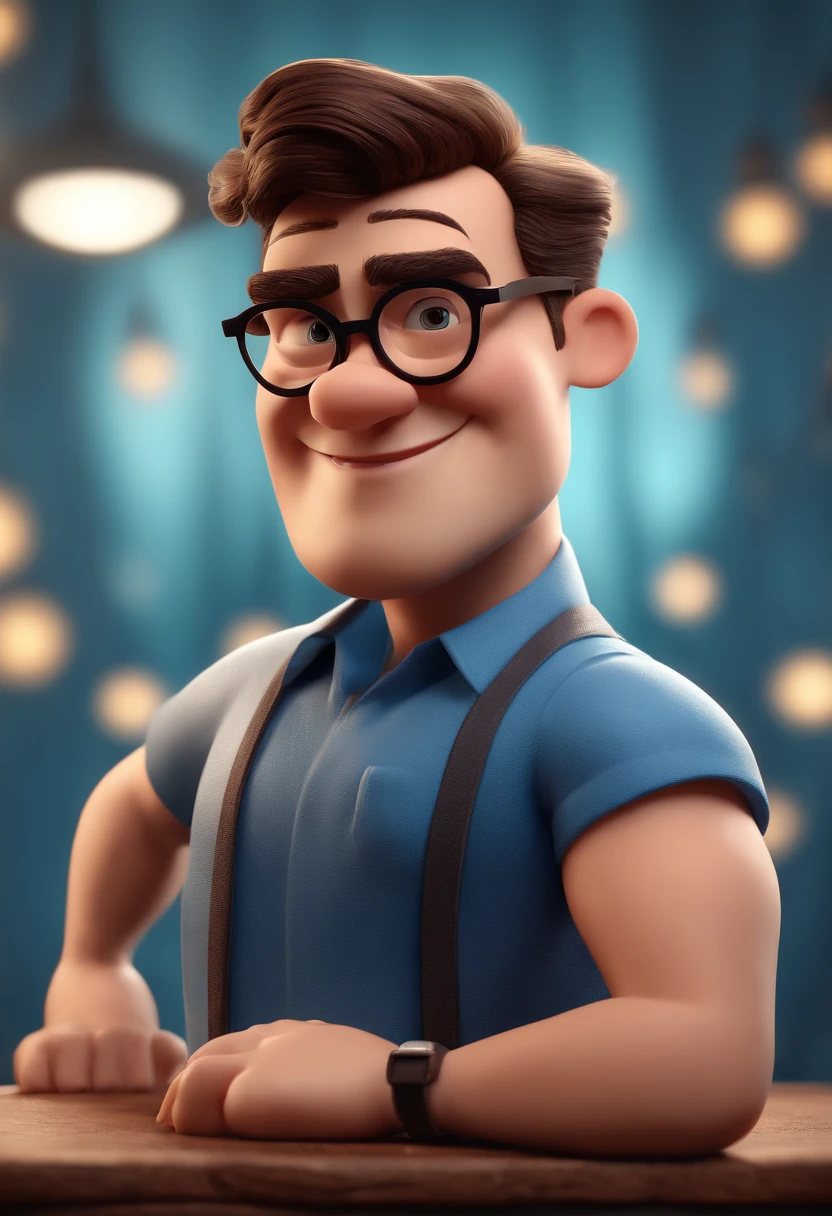 Cartoon character of a man with black glasses and a blue shirt, animation character, Caractere estilizado, animation style rendering, 3D estilizado, Arnold Maya render, 3 d render stylized, toon render keyshot, Personagem 3D, Personagem 3D, 3d rendering stylized, 3 d character render, personagem de desenho animado, Personagem de close up, Pose de personagem,  (Estilo Pixar) (master part:1.2) (Bokeh) (best quality) (pele detalhada) (textura detalhada) (8k) (argila) (Cinematic lighting) (foco nítido