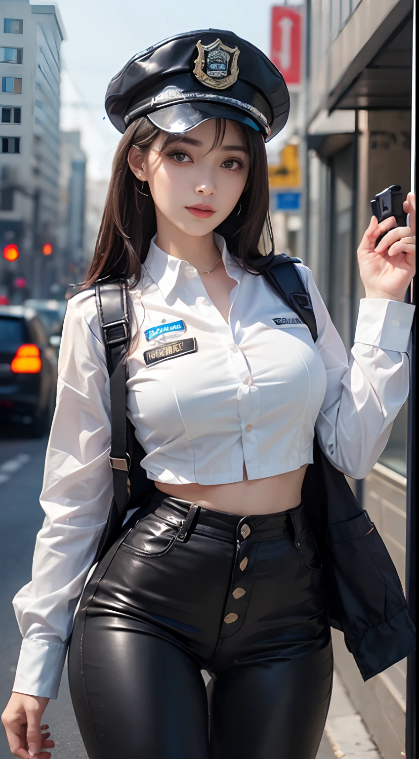 (8k、Highest quality、masterpiece:1.2)、An innocent 20-year-old girl、((Police Girl, Sexy police uniform, skirt, Cute and elegant, Dramatic Pose)),nightの街の背景,Shortcuts、RAW Photos, ((Glowing Skin 1.5)),(Intricate details:1.4)、(Realistic:1.4)、Octane Rendering、Complex 3D rendering with ultra-detail, Studio Soft Light, Rim Light, Standing posture,Sharp details, Super Detail, detailed aspects, Beautiful details in the eyes, Highly detailed CG Unity 16k wallpaper, Compensate, (Detailed Background:1.2), Glowing Skin, whole body,Put your hands down、Spread your legs, (Blonde 1.6), Sexy police officer in uniform, night, Facial details, from the front, Get your gun ready?, refer