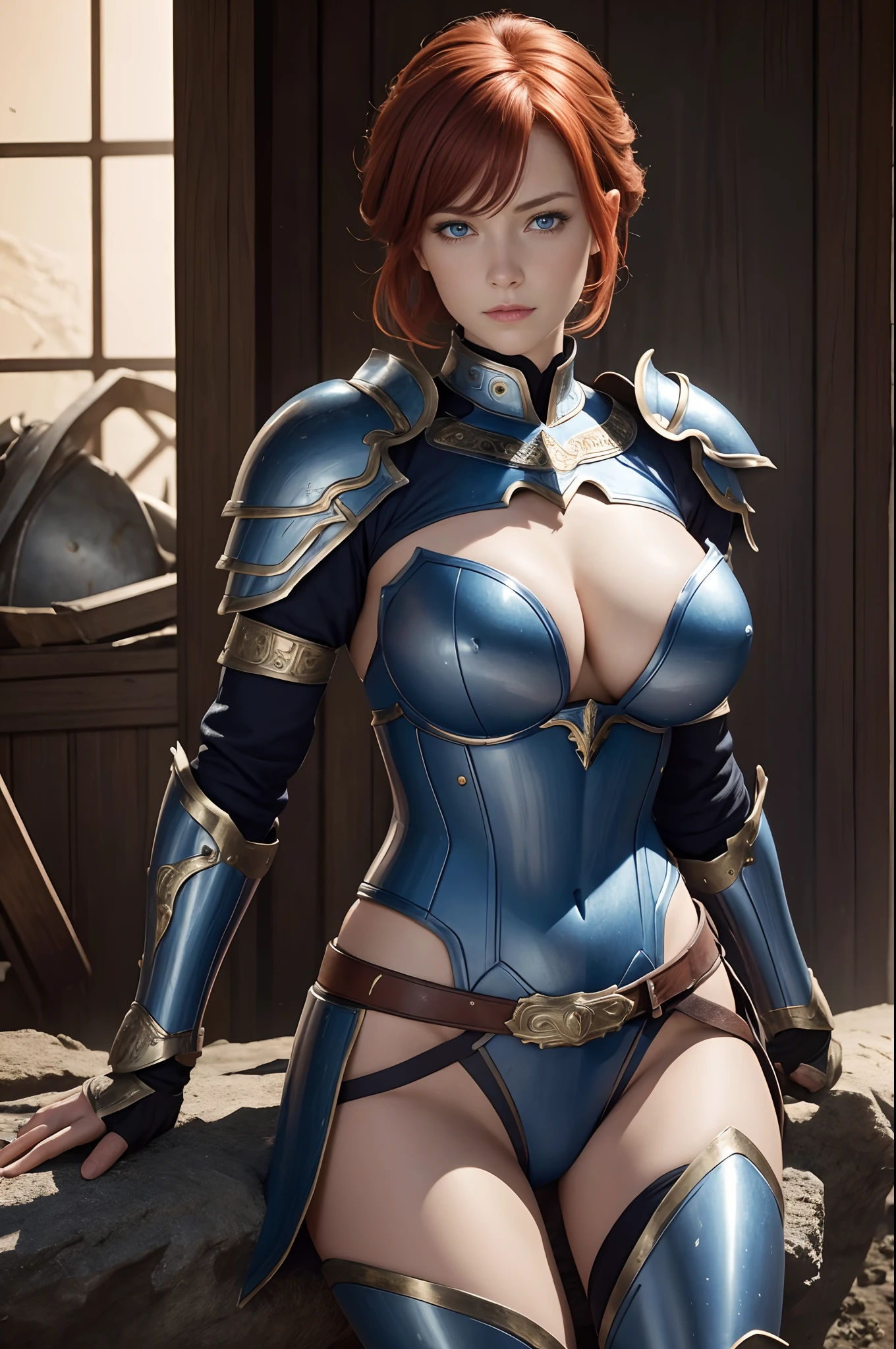 8K,超A high resolution,((Top image quality)), ((masterpiece)), (high-detail:1.3), jeanne d'arc,Blue eyes,Redhead shorthair,A MILF,large full breasts,Attention paid to the details of the decoration of the chest armor,Waist and leg armor,Round shield on the left arm,beautiful expression,enchanted,A sexy,Scenes of armor damage during the war