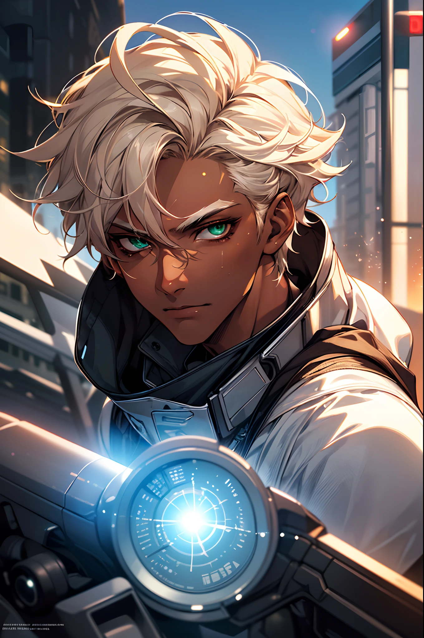 {{top-quality,masterpiece,8k wallpaper}},top-quality,Ultra-detailed CG Unity,Particle,Cinematographic lighting,lensflare,((1 ager)),a handsome,youthfulness,a 20-year-old boy,slender,Looking at the camera,low angles,Condescending look,Mocking face,offensive,.close up of face,{{Sunburned skin,Brown skin,Brown-skinned,Arab}},sharp gaze,Delicate eyes,Green eyes,Eyes glow,cyberpunked,cyberpunkcity,Street,platinum-blonde-hair,short-haired,hair messy,dark boy.