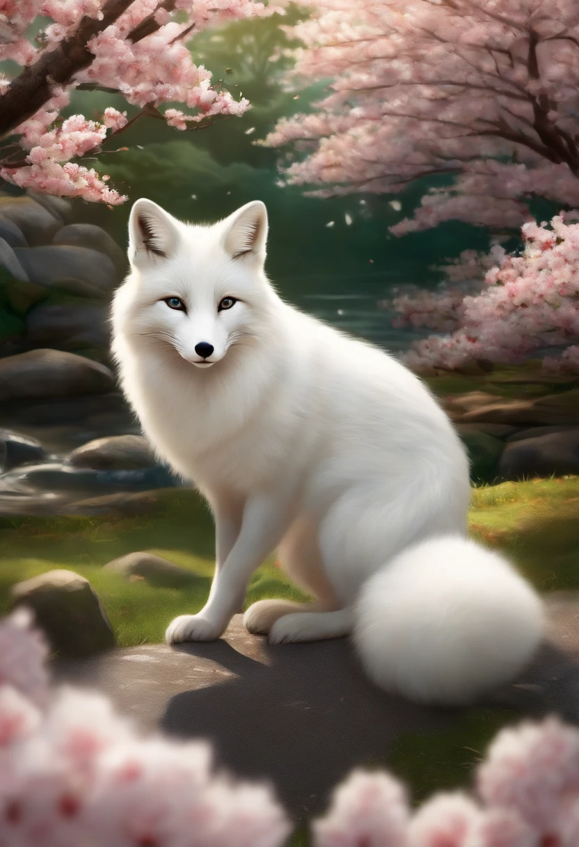 a white Japanese fox with a red birthmark on its forehead, (best quality, ultra-detailed, realistic:1.37), vibrant colors, glowing eyes, fluffy fur, elegant posture, surrounded by cherry blossom trees, with gentle sunlight casting beautiful shadows, in a traditional Japanese garden, with a tranquil atmosphere, capturing the essence of Japanese culture and nature.